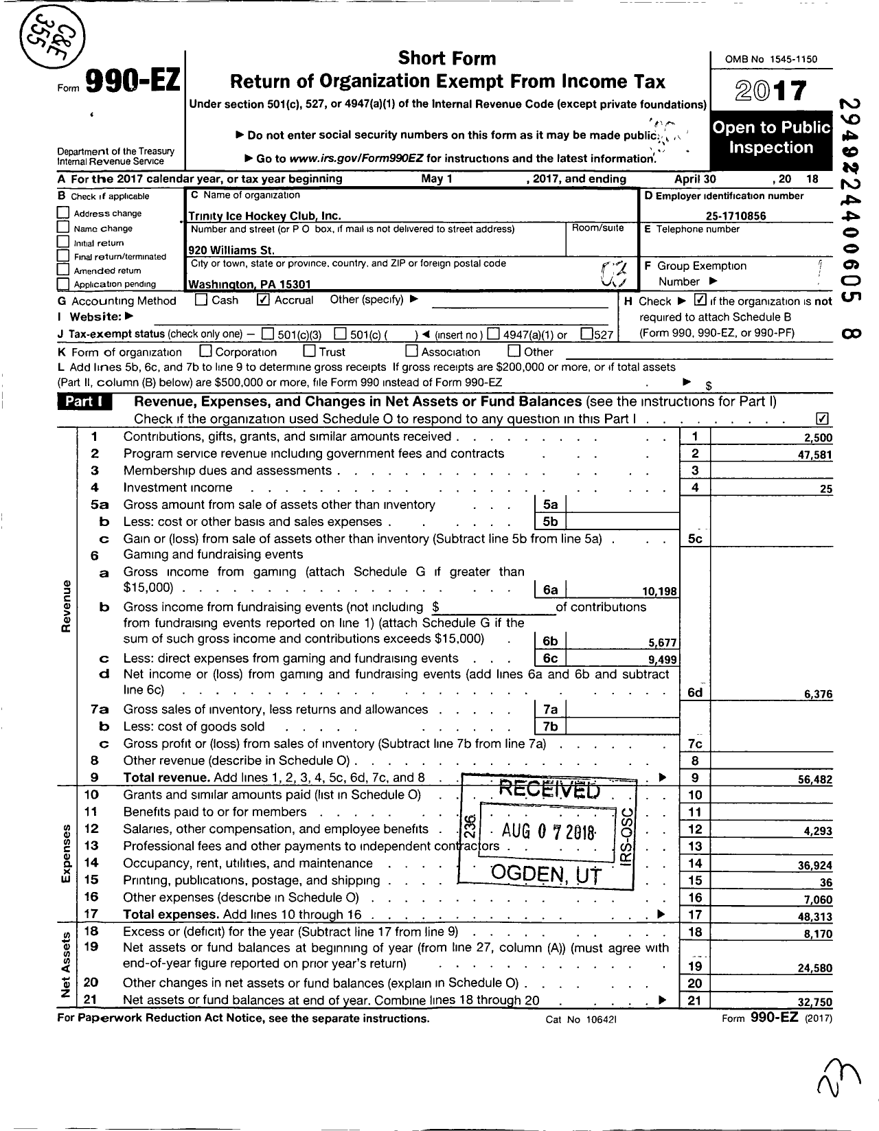 Image of first page of 2017 Form 990EZ for Trinity Ice Hockey