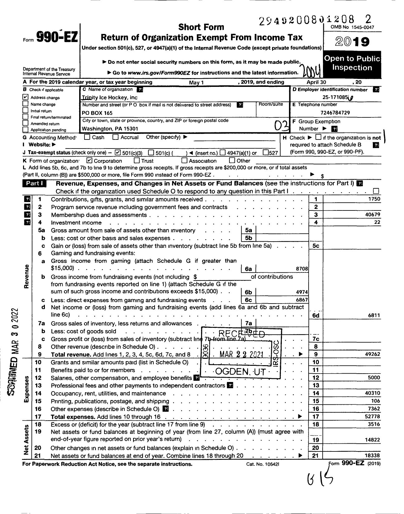 Image of first page of 2019 Form 990EZ for Trinity Ice Hockey