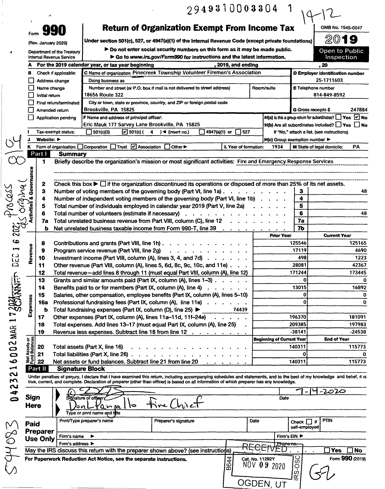 Image of first page of 2019 Form 990O for Pinecreek Township Volunteer Firemens Department