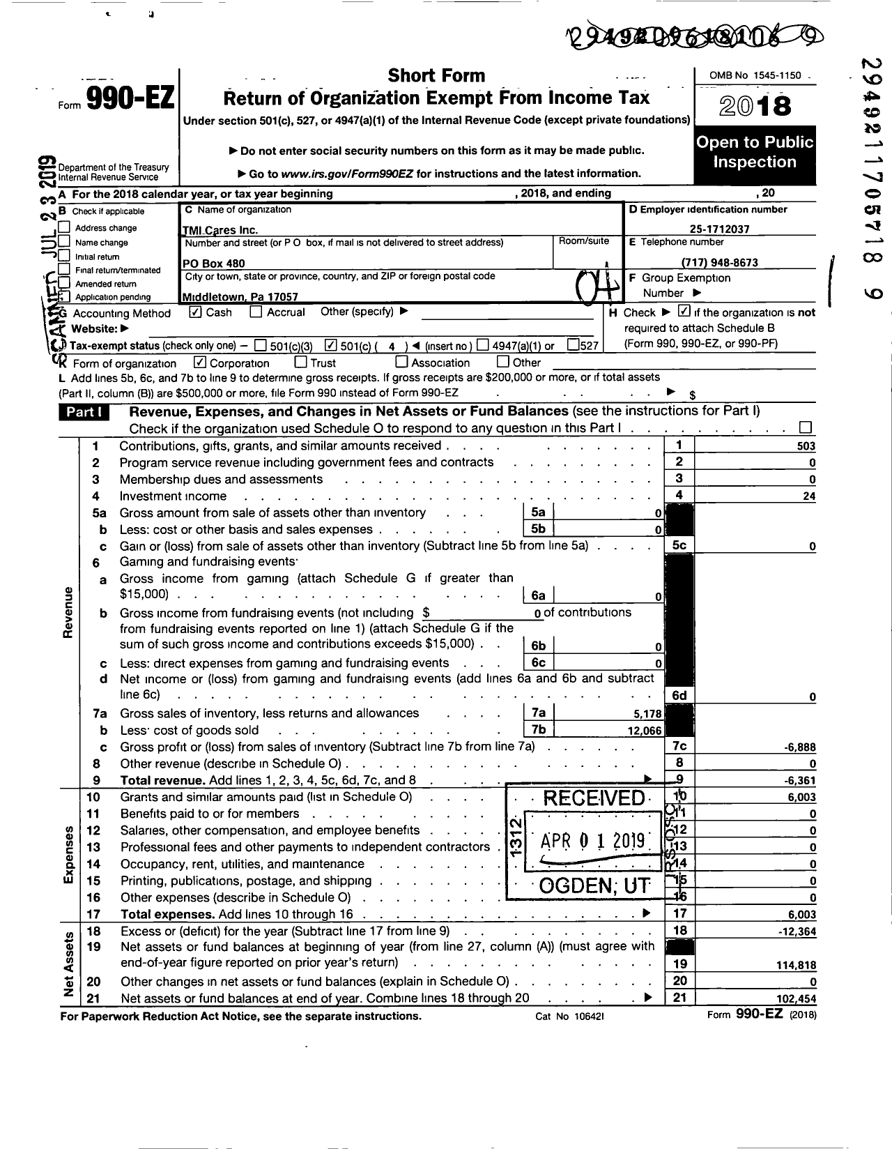 Image of first page of 2018 Form 990EO for Tmi Cares