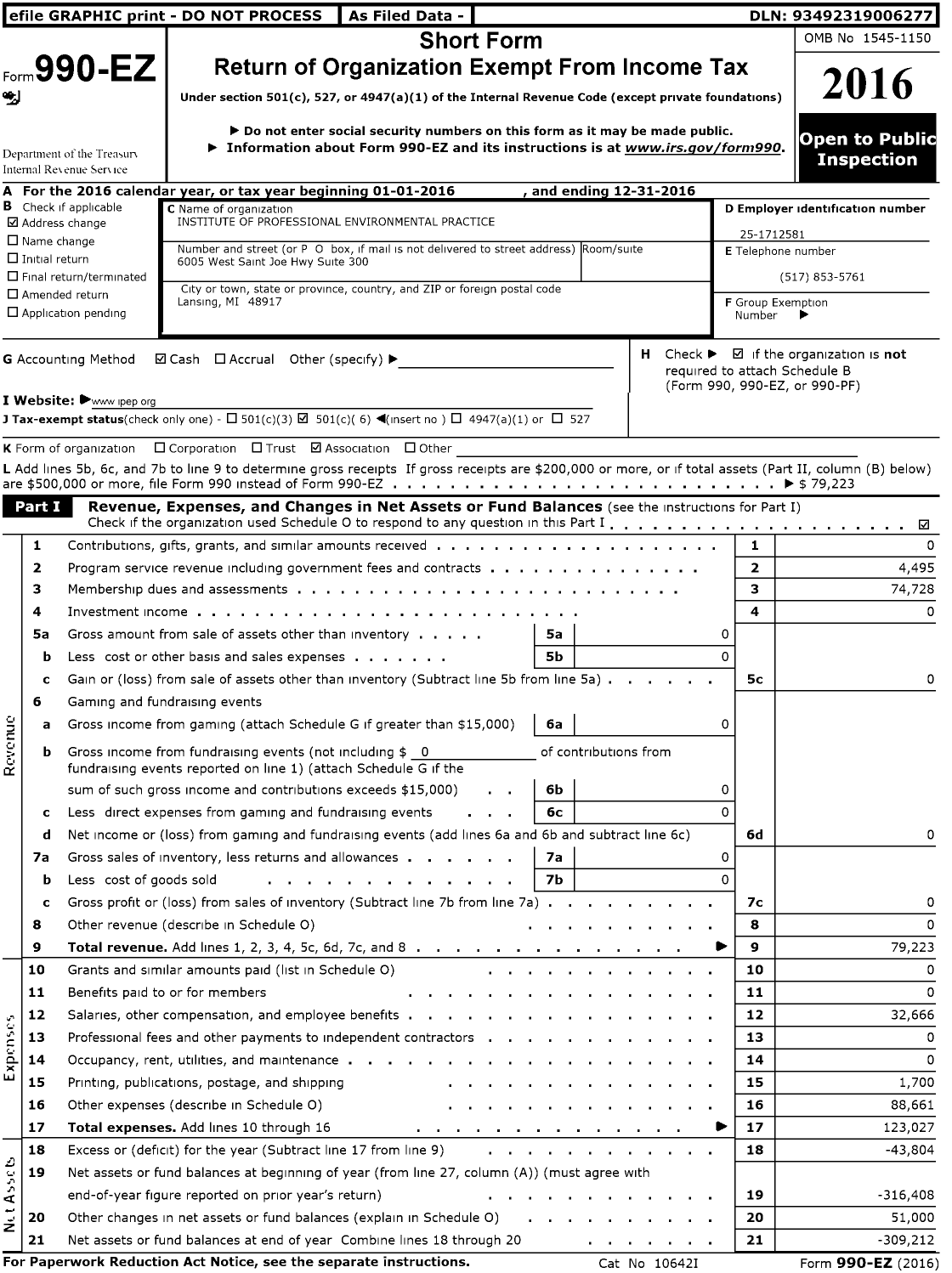 Image of first page of 2016 Form 990EO for Institute of Professional Environmental Practice