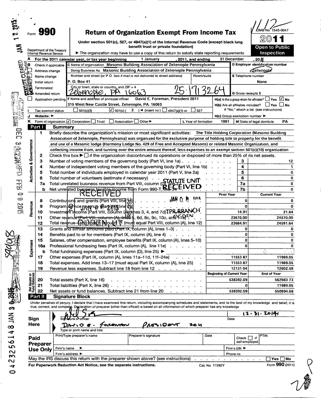 Image of first page of 2011 Form 990O for Masonic Building Association of Zelienople Pennsylvania