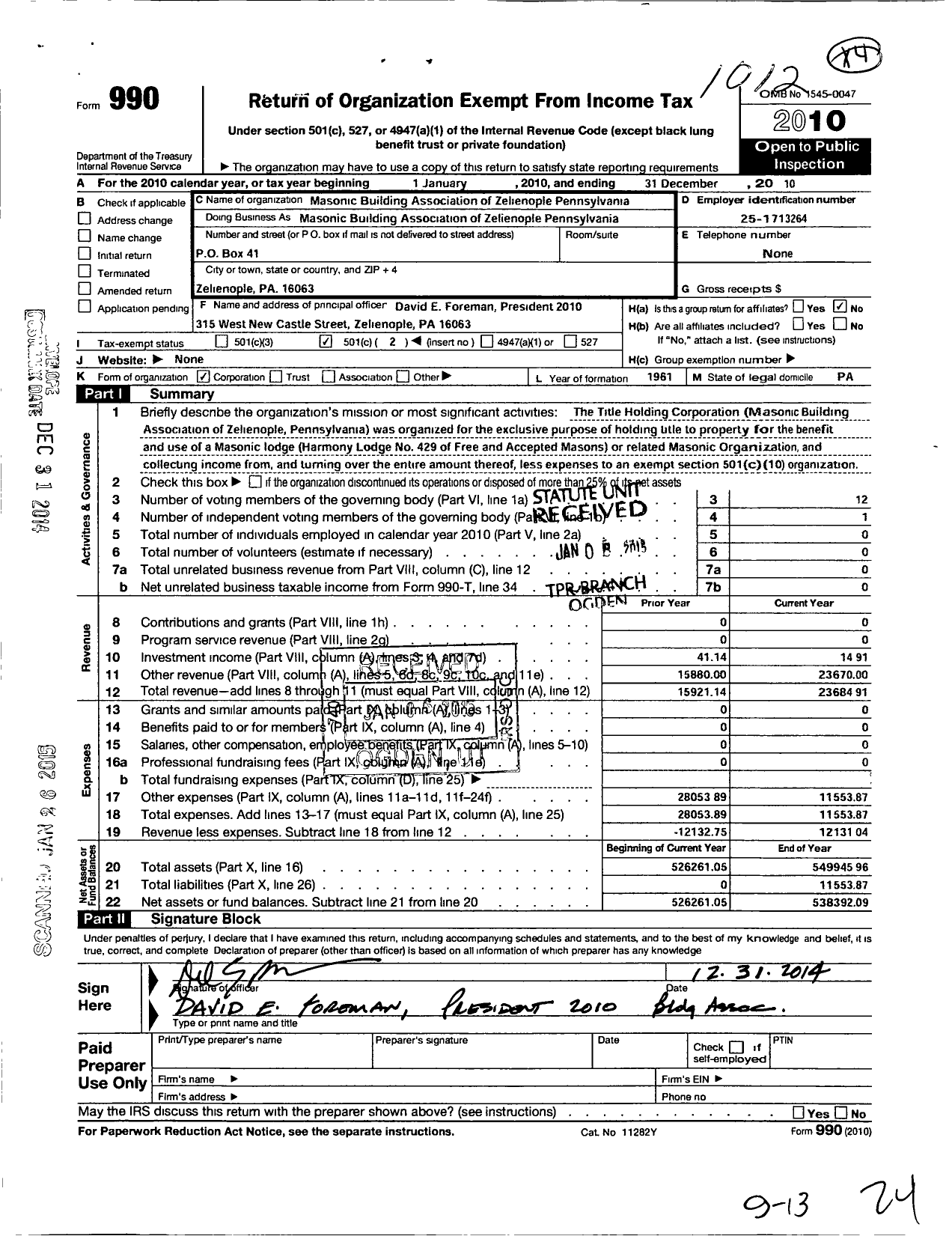 Image of first page of 2010 Form 990O for Masonic Building Association of Zelienople Pennsylvania