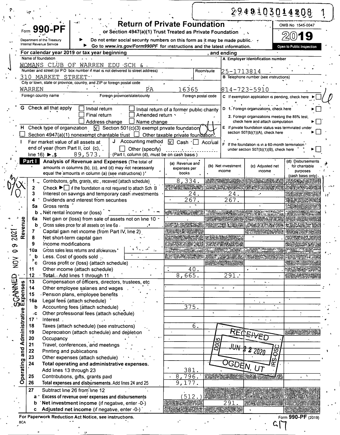 Image of first page of 2019 Form 990PF for Womans Club of Warren Edu SCH