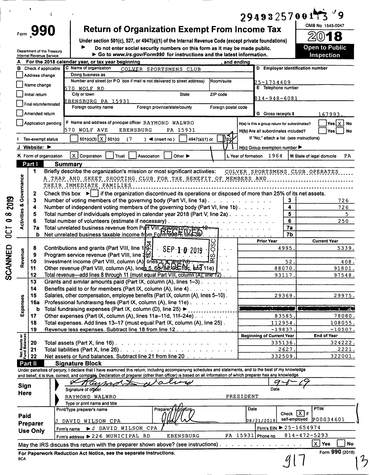 Image of first page of 2018 Form 990O for Colver Sportsmens Club