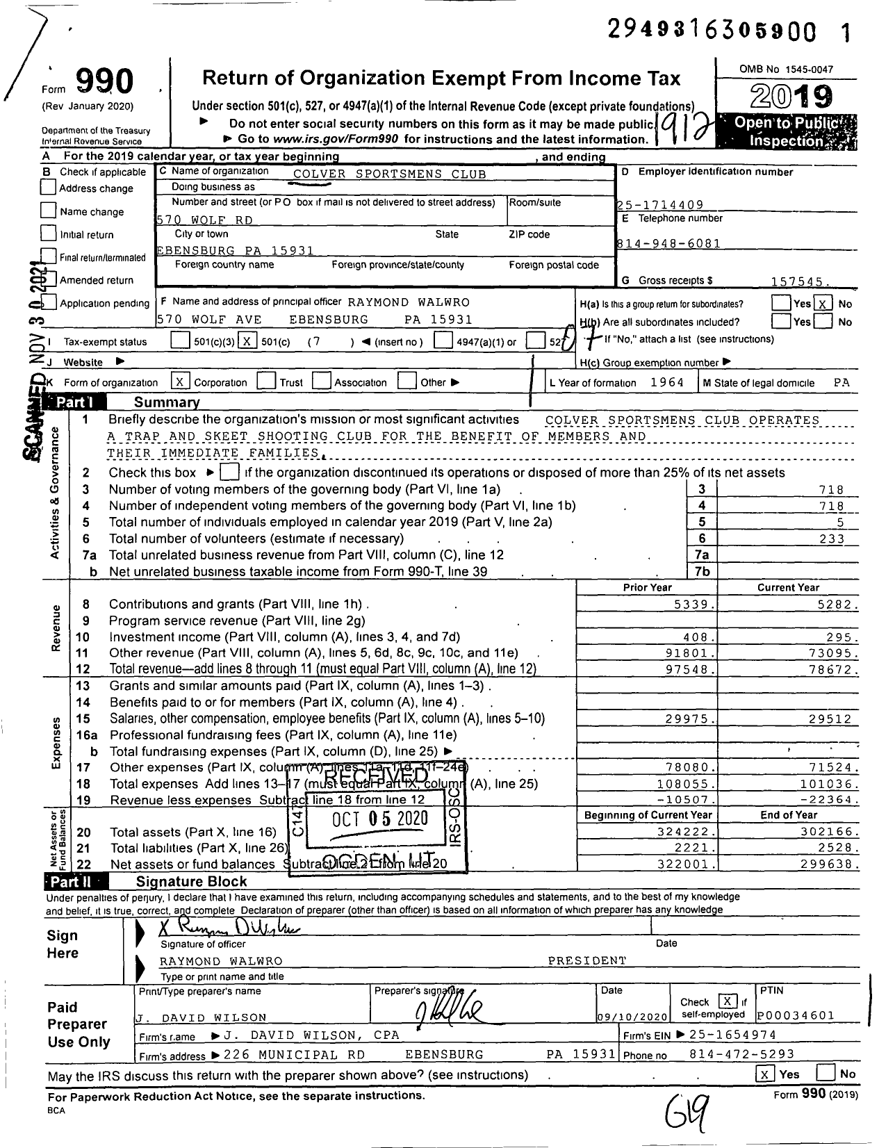 Image of first page of 2019 Form 990O for Colver Sportsmens Club