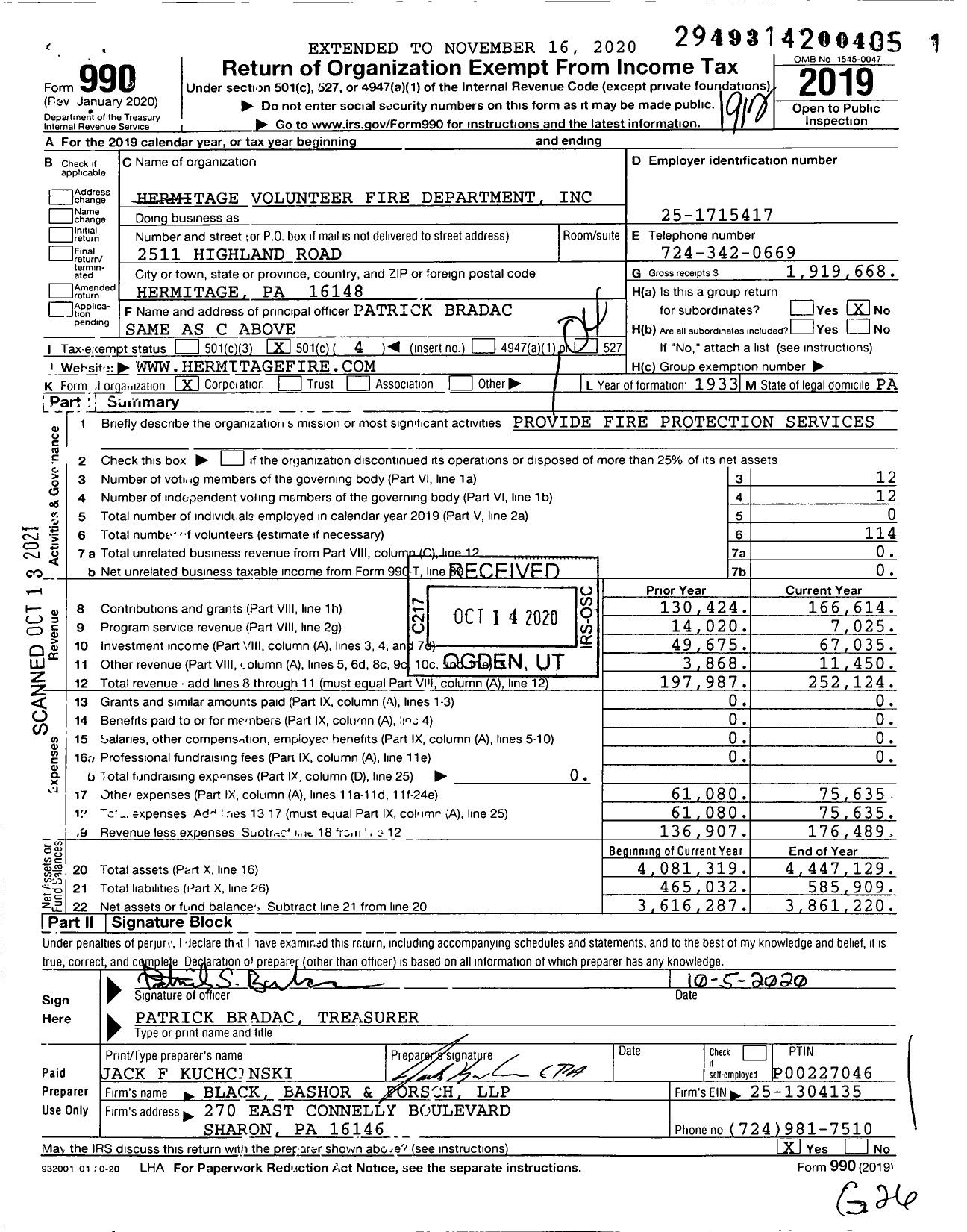 Image of first page of 2019 Form 990O for Hermitage Volunteer Fire Department