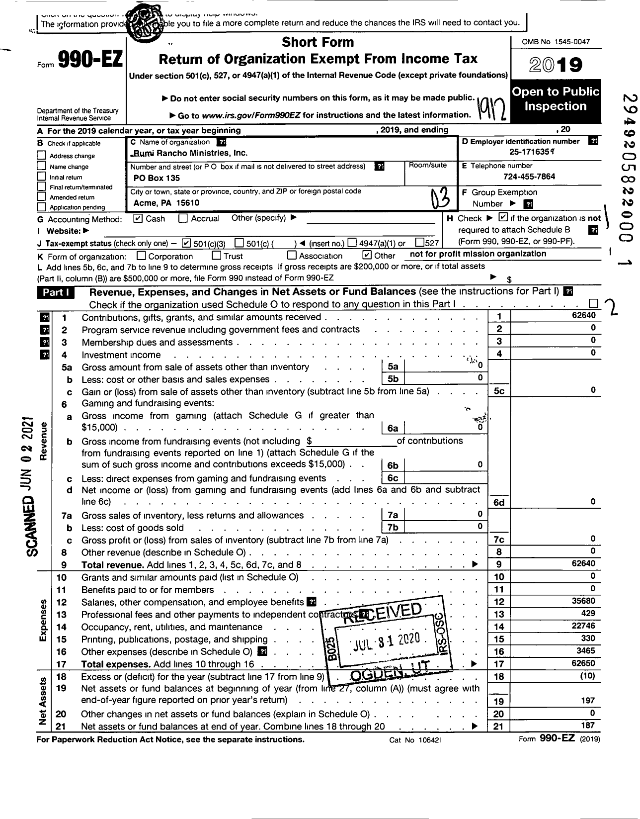 Image of first page of 2019 Form 990EZ for Rumi Rancho Ministries