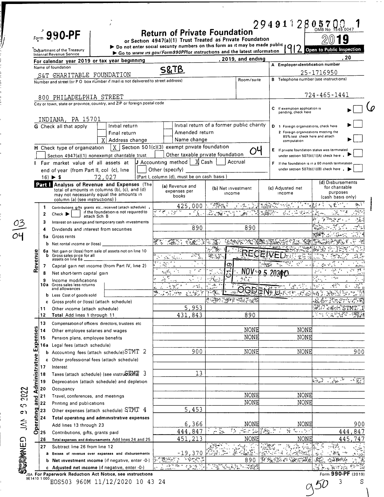 Image of first page of 2019 Form 990PF for St Bancorp Charitable Foundation