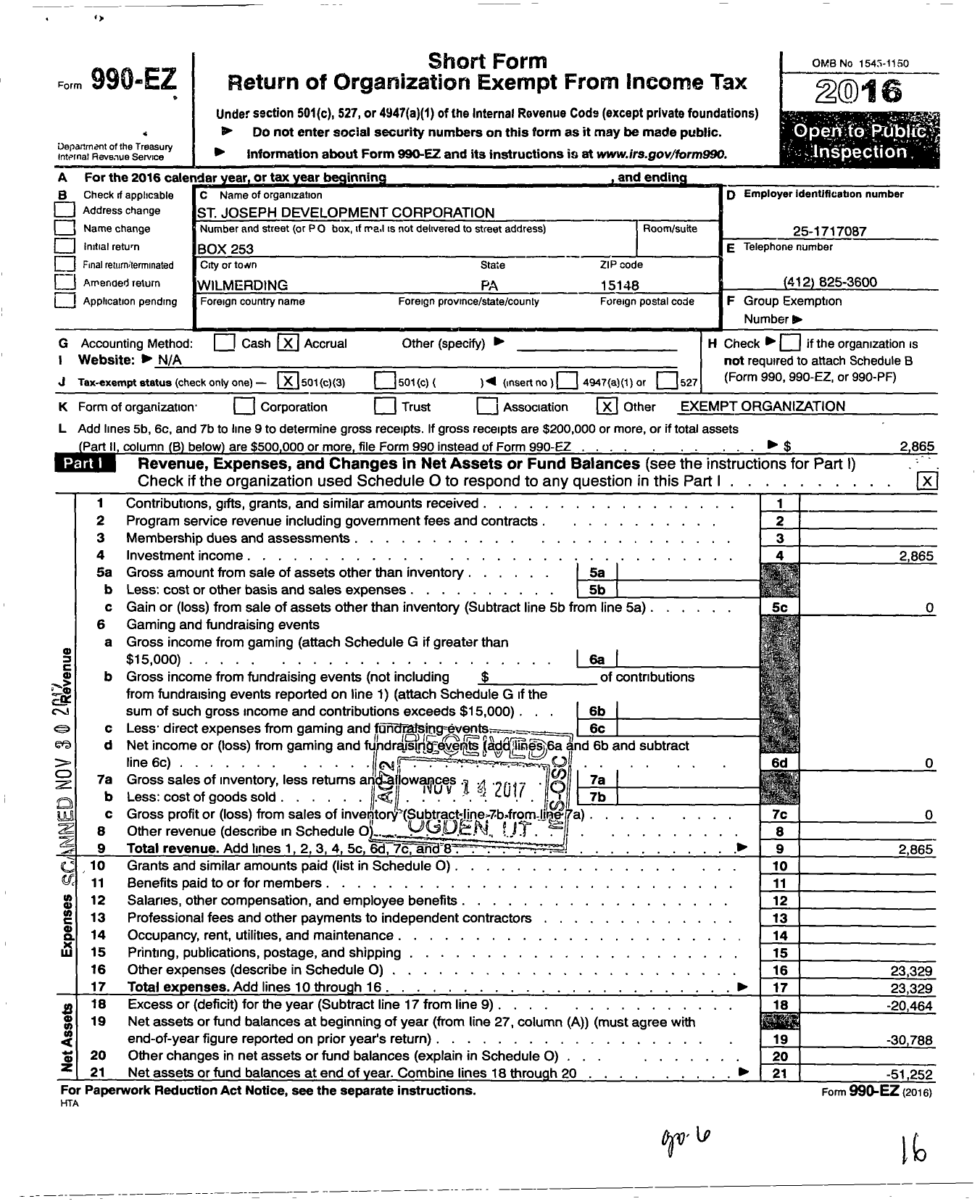 Image of first page of 2016 Form 990EZ for St Joseph Development Corporation