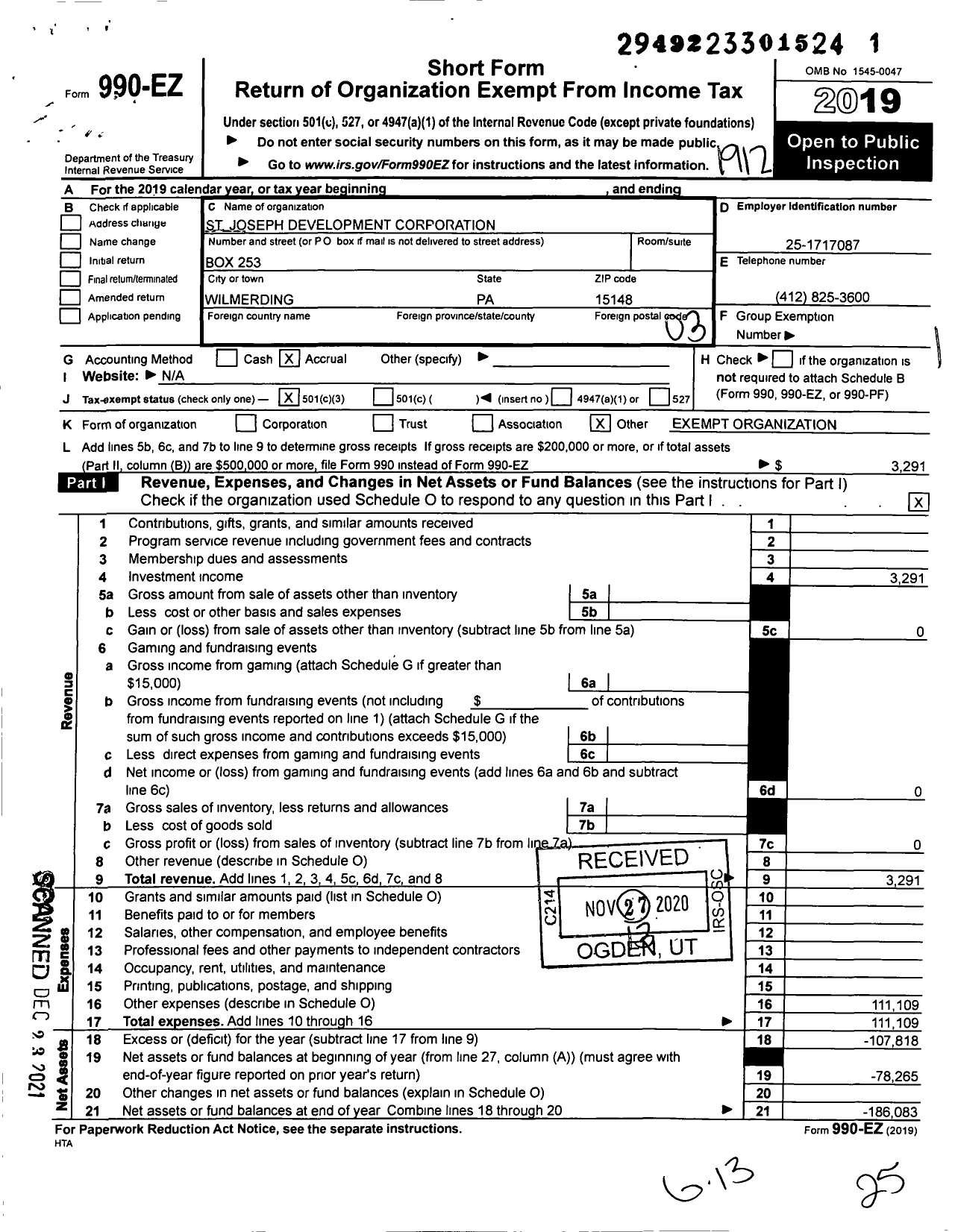 Image of first page of 2019 Form 990EZ for St Joseph Development Corporation