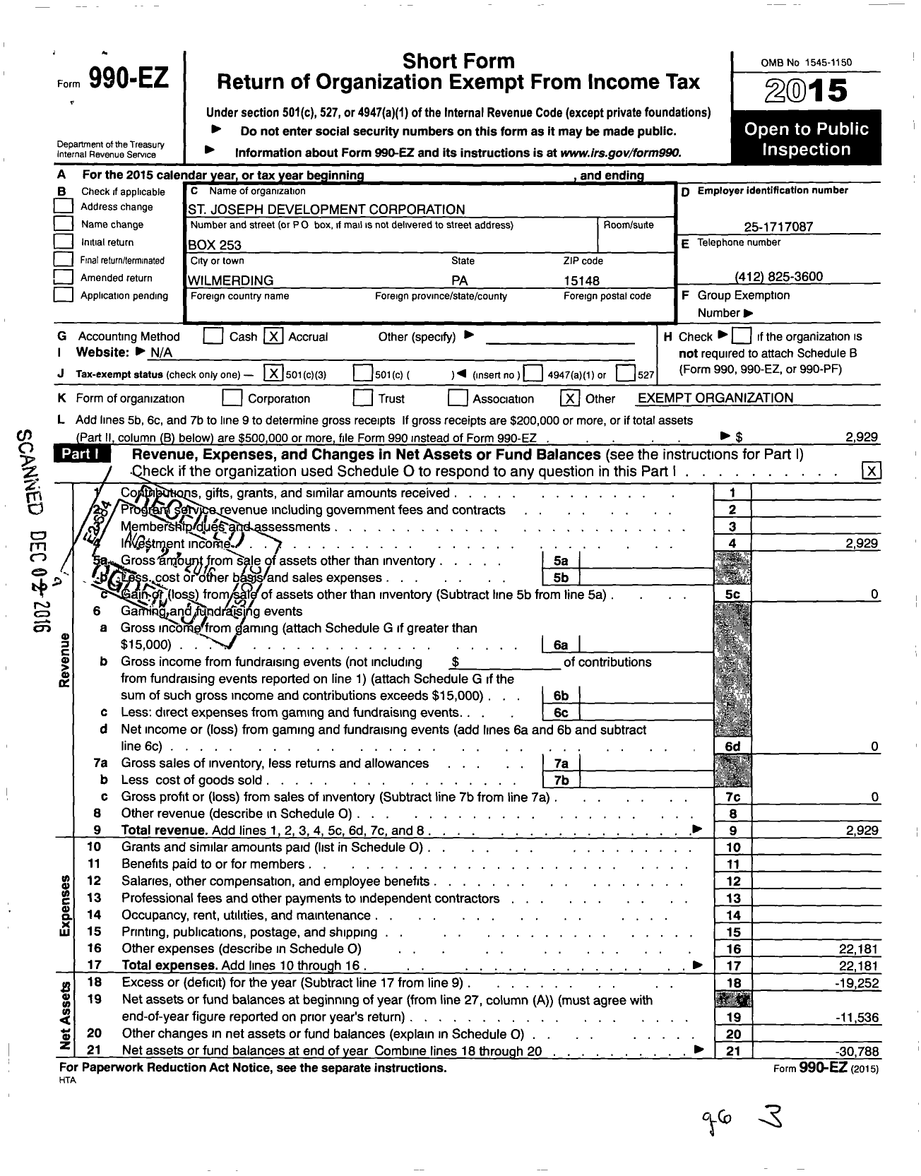 Image of first page of 2015 Form 990EZ for St Joseph Development Corporation