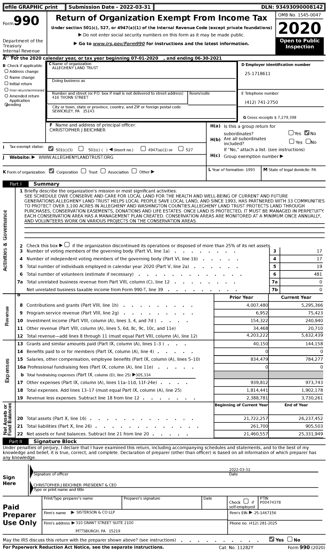 Image of first page of 2020 Form 990 for Allegheny Land Trust (ALT)