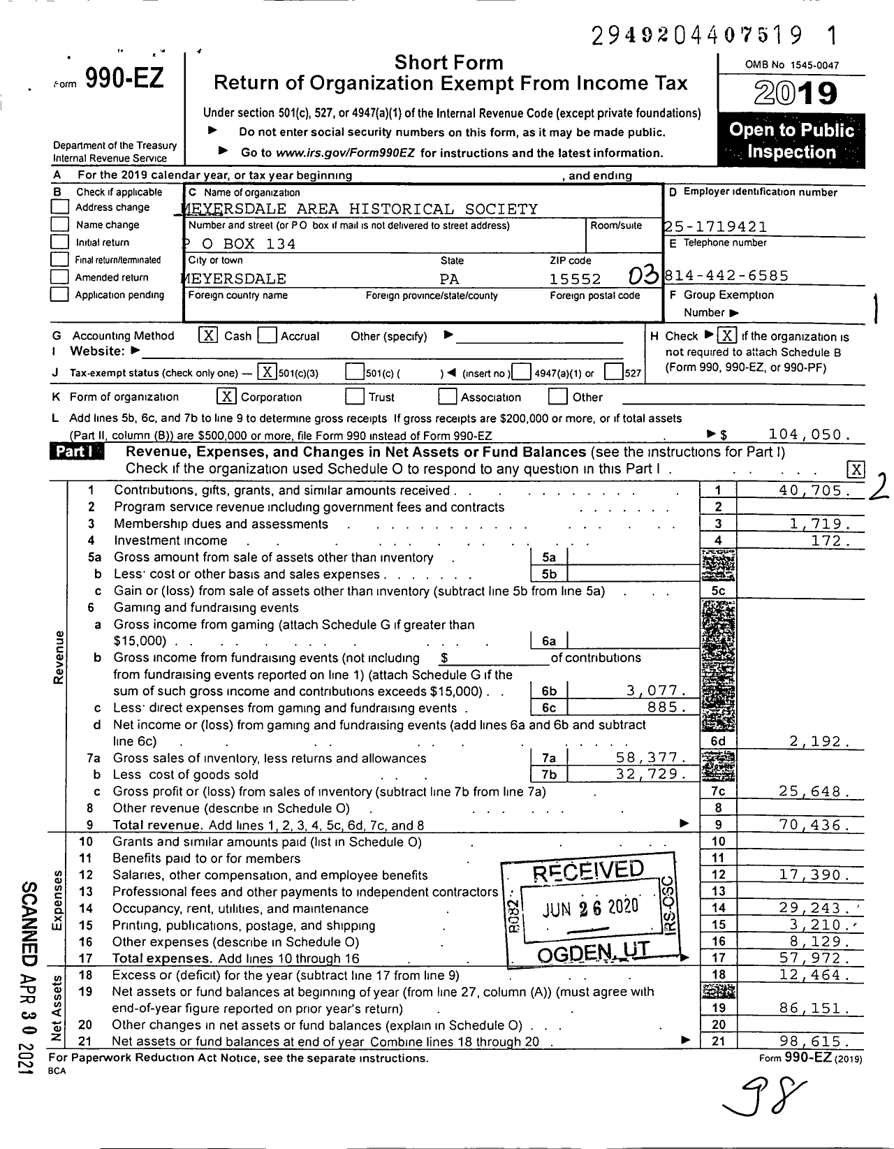 Image of first page of 2019 Form 990EZ for Meyersdale Area Historical Society