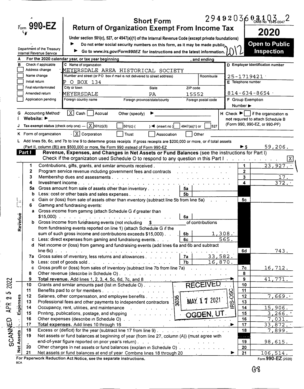 Image of first page of 2020 Form 990EZ for Meyersdale Area Historical Society