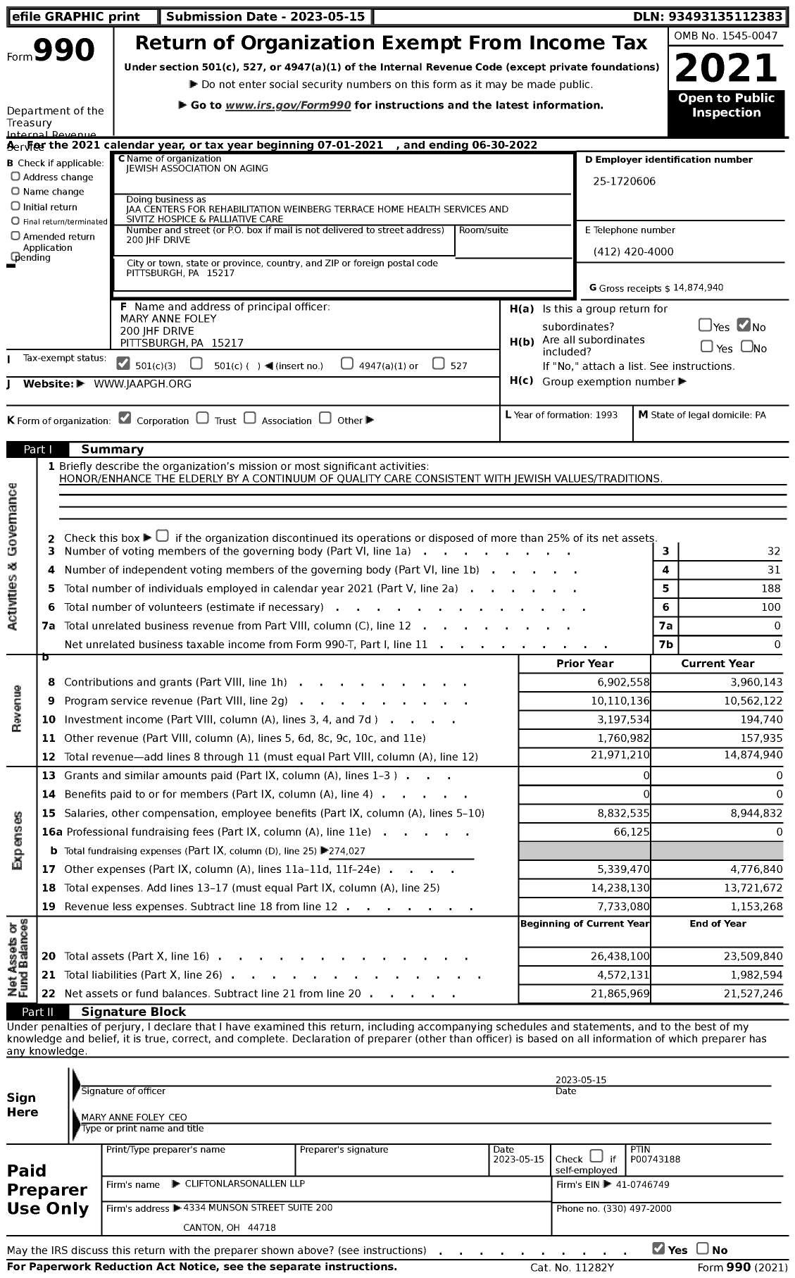 Image of first page of 2021 Form 990 for Jaa Centers for Rehabilitation Weinberg Terrace Home Health Services and Sivitz Hospice and Palliative Care (JAA)