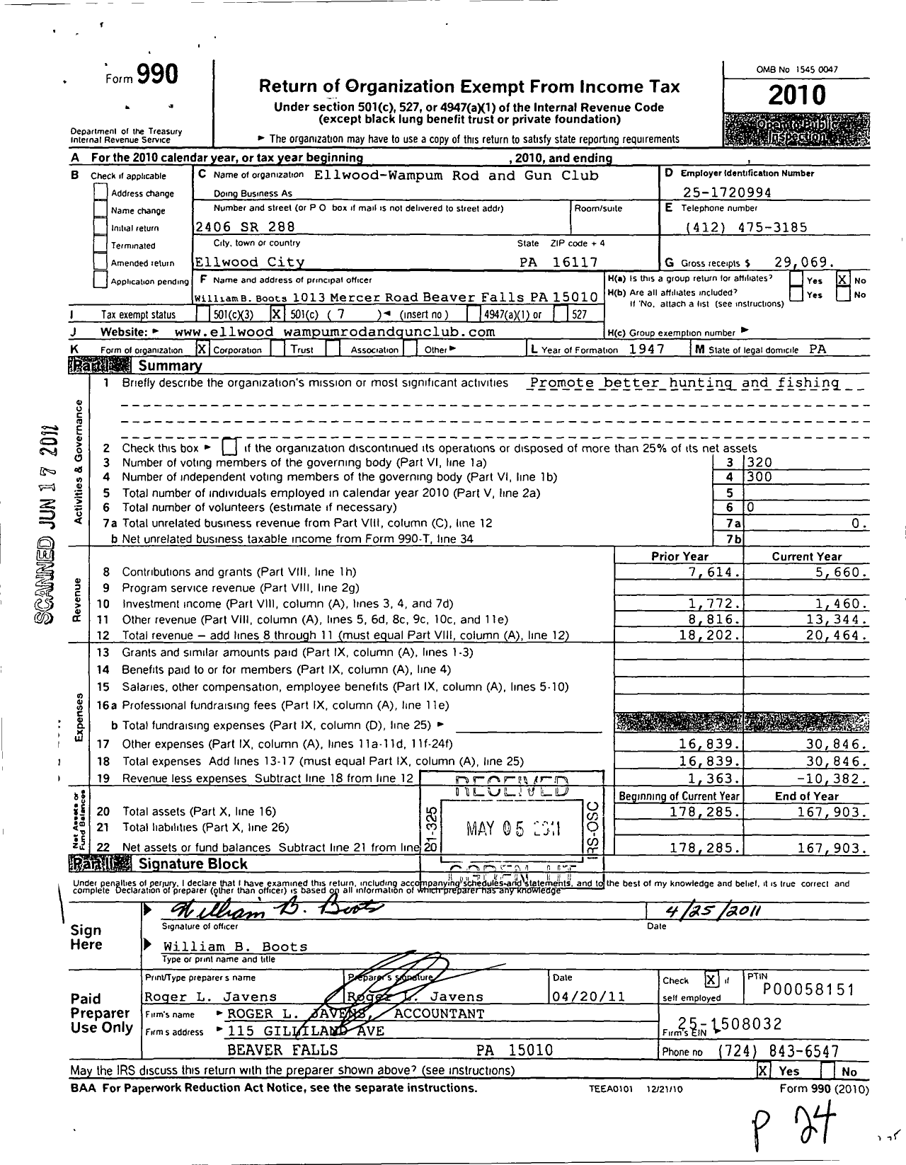 Image of first page of 2010 Form 990O for Ellwood-Wampum Rod and Gun Club