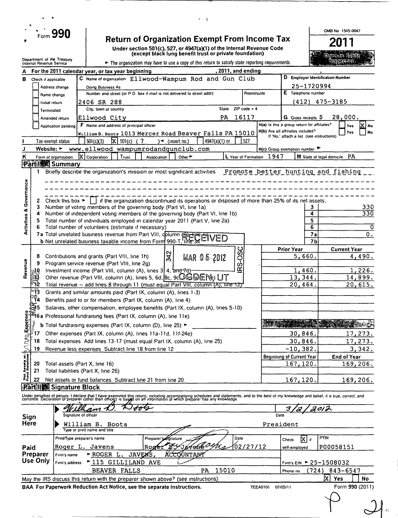 Image of first page of 2011 Form 990O for Ellwood-Wampum Rod and Gun Club