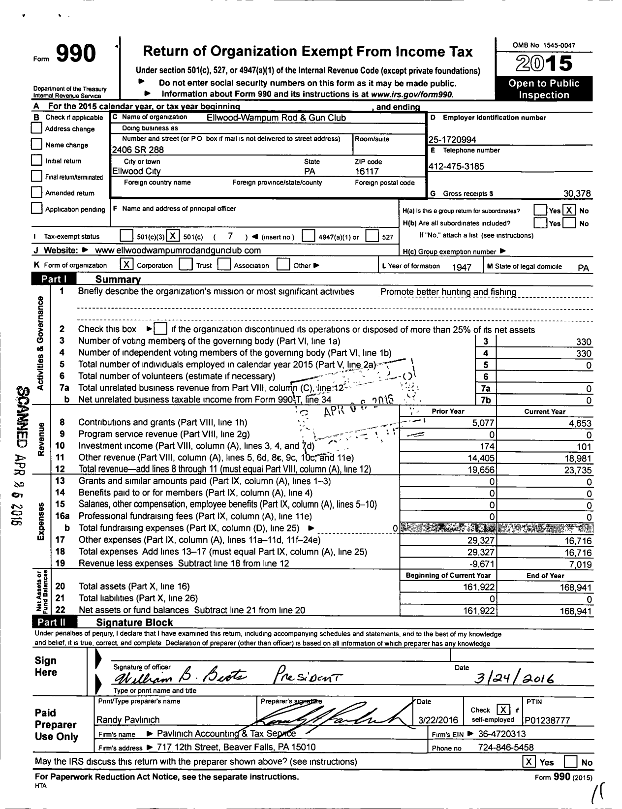 Image of first page of 2015 Form 990O for Ellwood-Wampum Rod and Gun Club