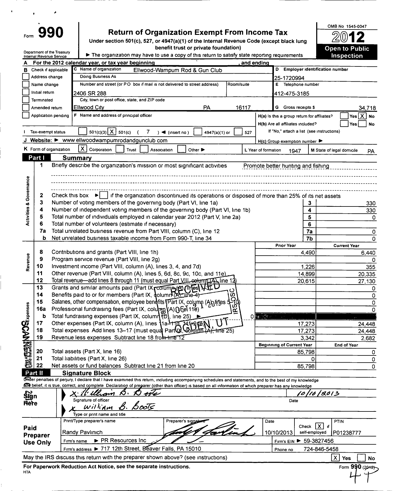 Image of first page of 2012 Form 990O for Ellwood-Wampum Rod and Gun Club