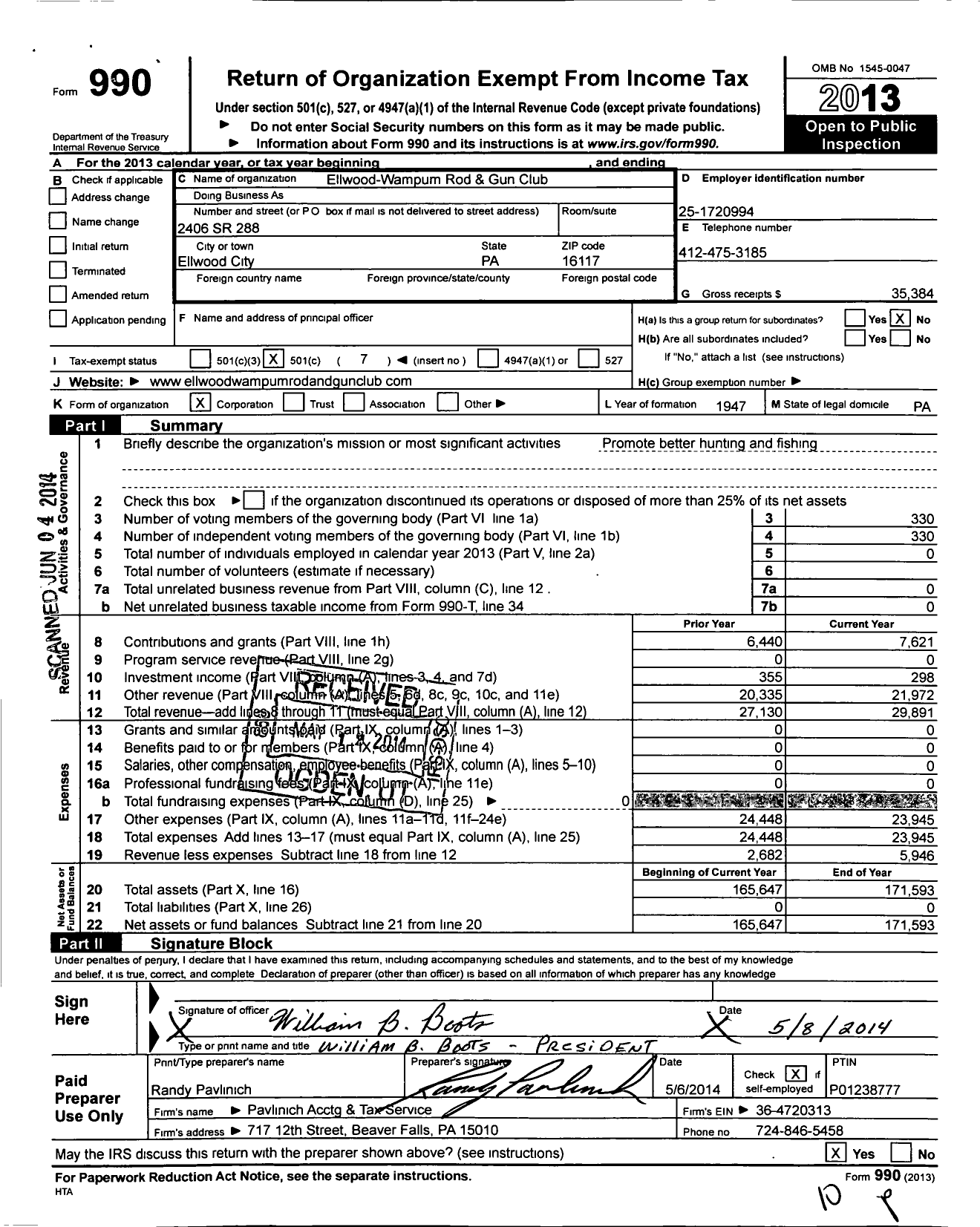 Image of first page of 2013 Form 990O for Ellwood-Wampum Rod and Gun Club