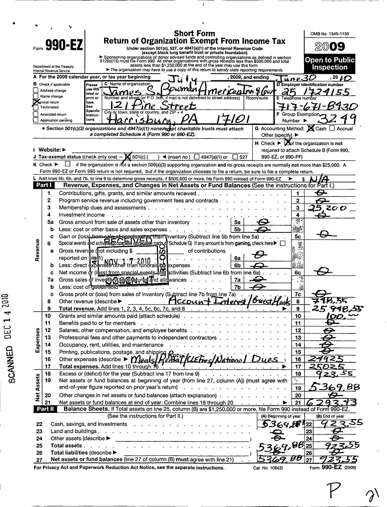 Image of first page of 2009 Form 990EO for American Inns of Court Foundation - 30218 James S Bowman Chapter