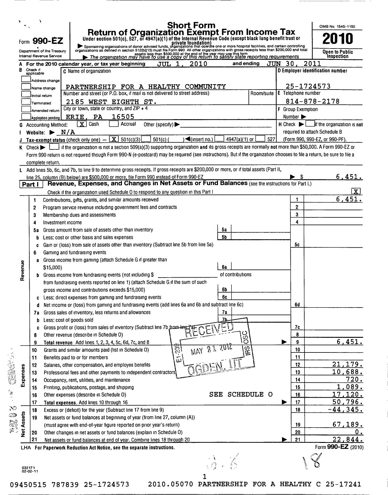 Image of first page of 2010 Form 990EZ for Partnership for A Healthy Community