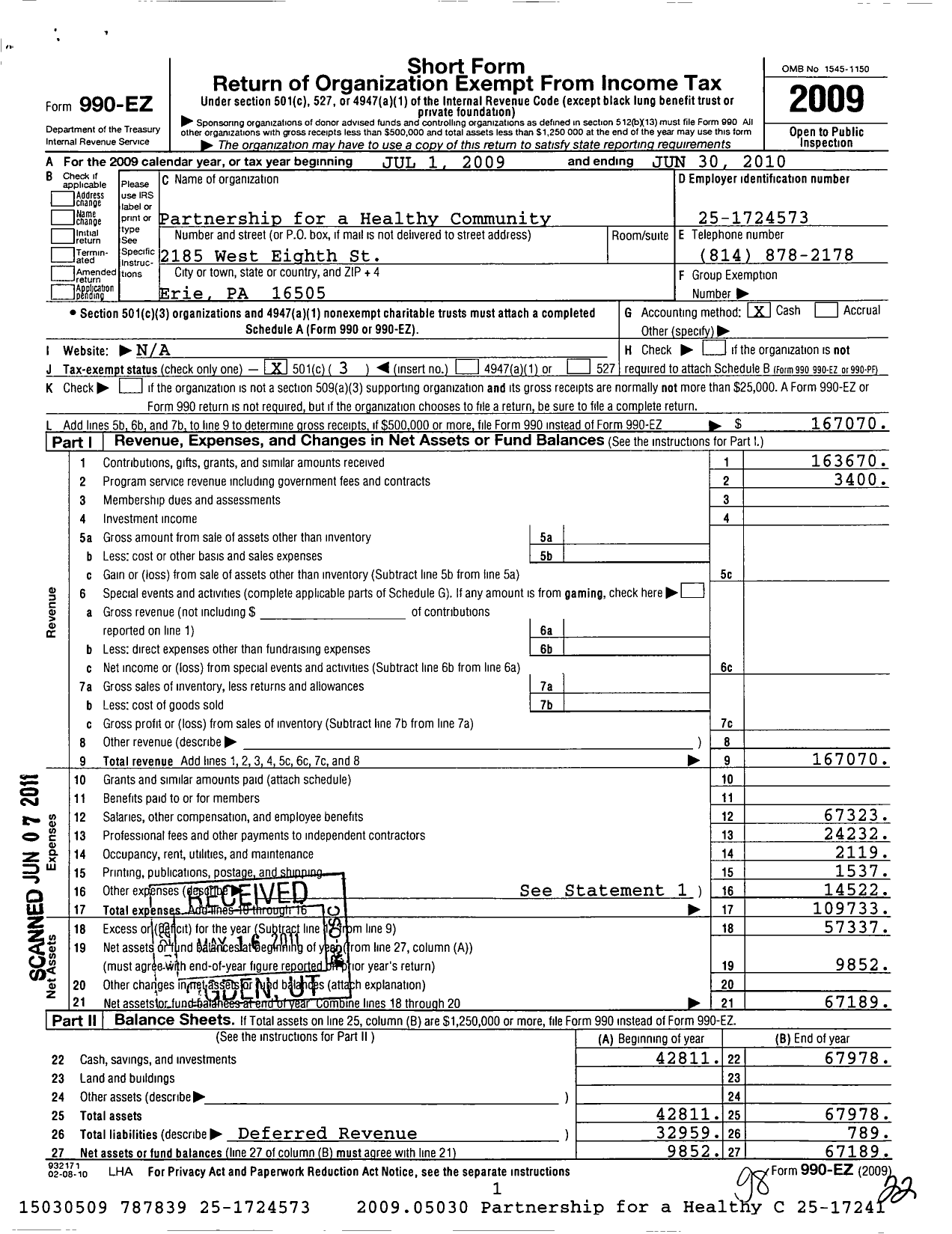 Image of first page of 2009 Form 990EZ for Partnership for A Healthy Community