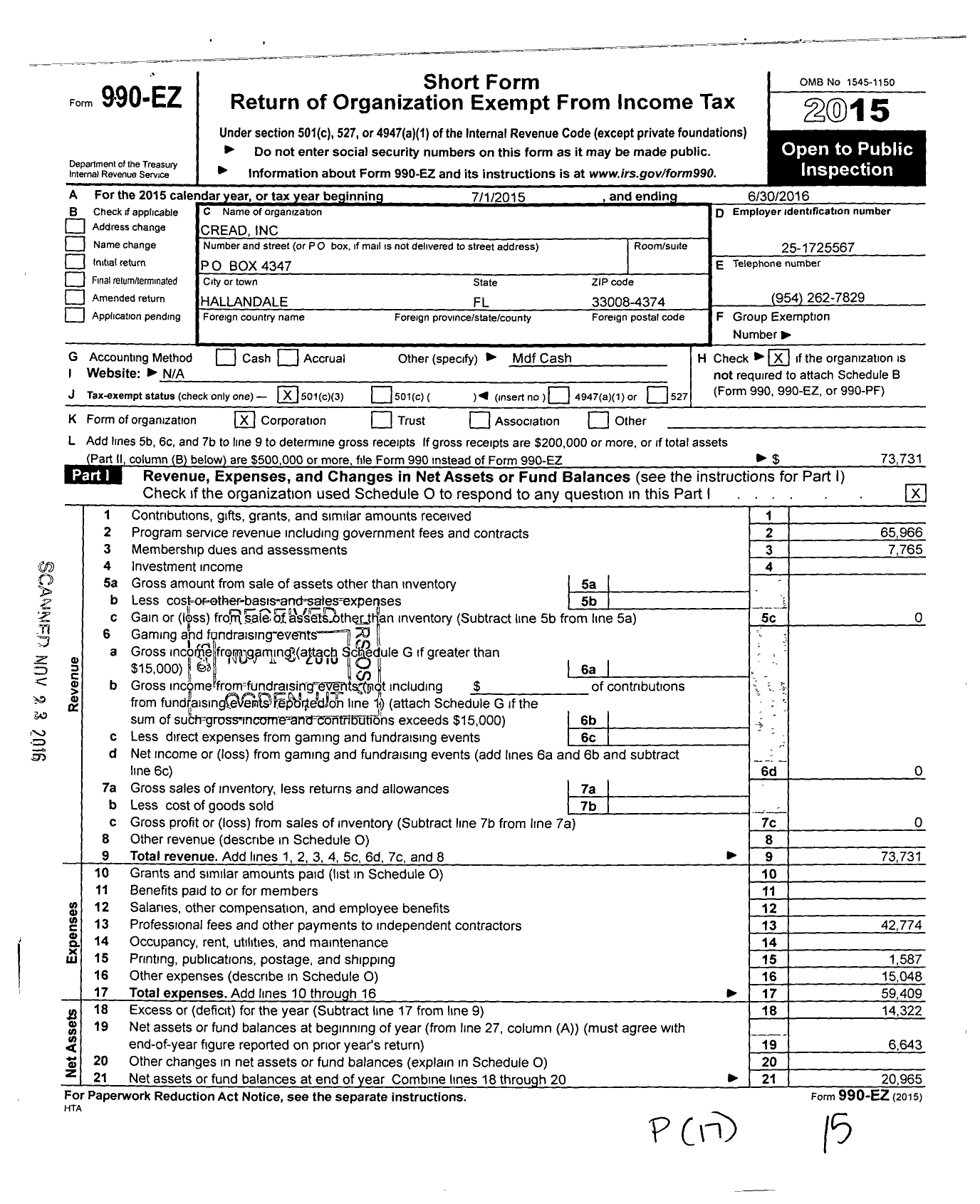 Image of first page of 2015 Form 990EZ for Cread