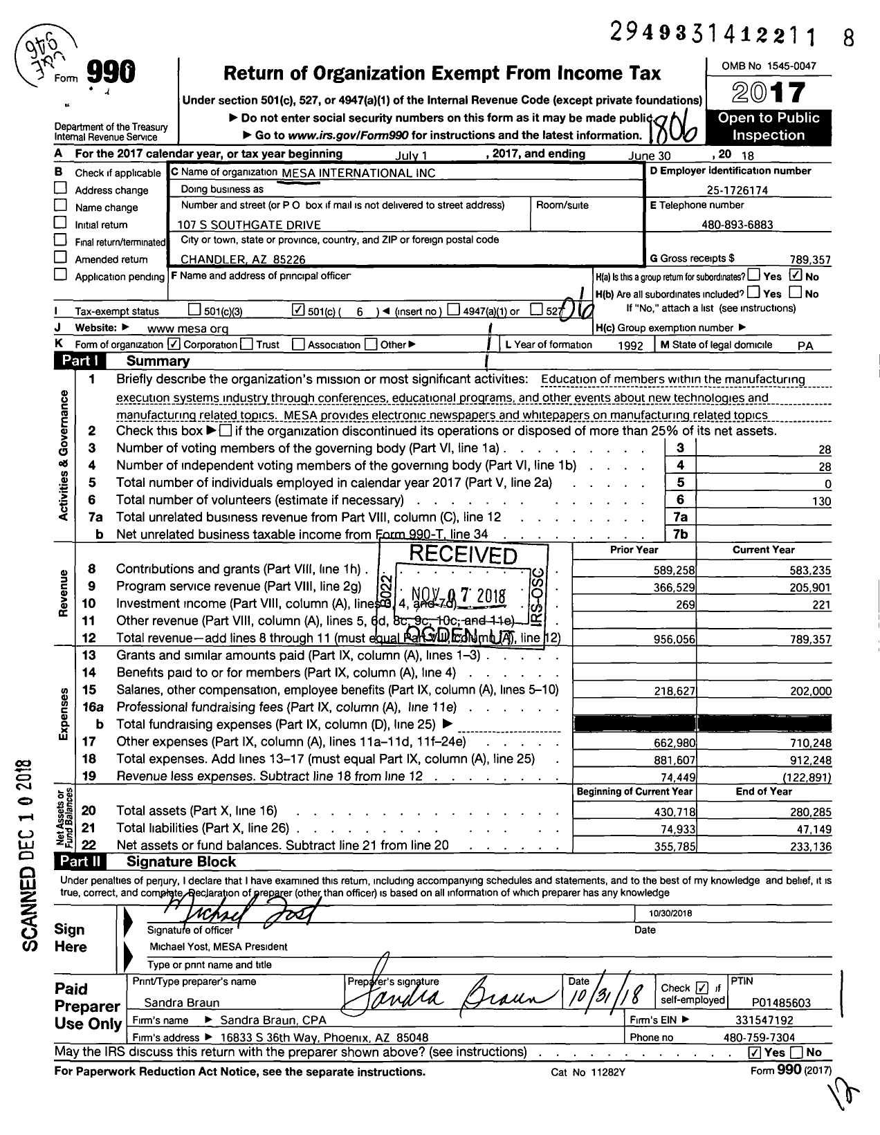Image of first page of 2017 Form 990O for MESA International