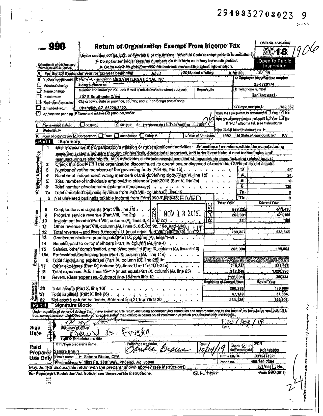 Image of first page of 2018 Form 990O for MESA International