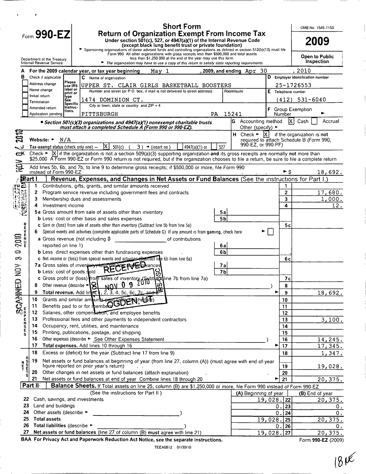 Image of first page of 2009 Form 990EZ for Upper St Clair Girls Basketball Boosters