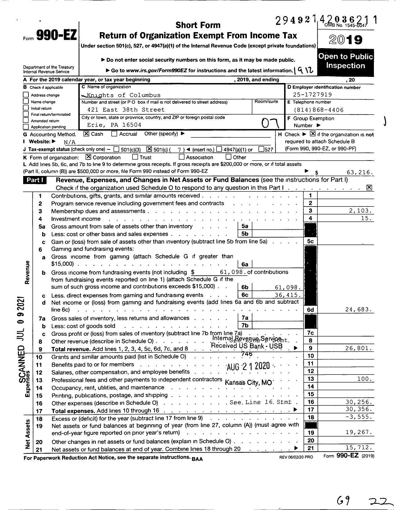 Image of first page of 2019 Form 990EO for Knights of Columbus - 11229 MSGR Goodill & St Luke CNCL