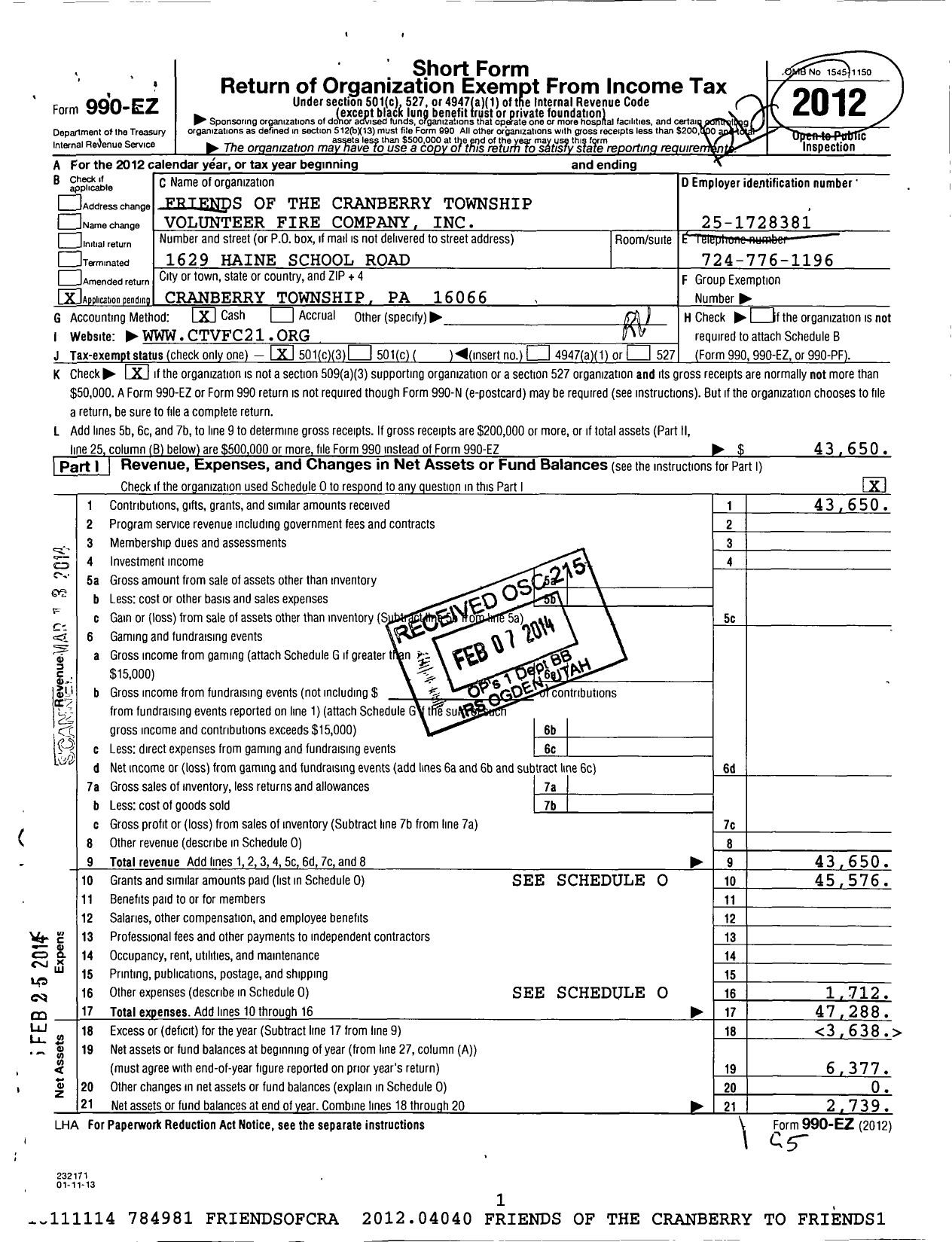 Image of first page of 2012 Form 990EZ for Friends of the Cranberry Township Volunteer Fire Company