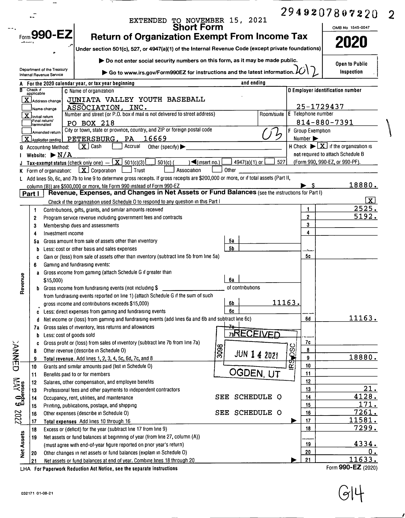 Image of first page of 2020 Form 990EZ for Juniata Valley Youth Baseball Association