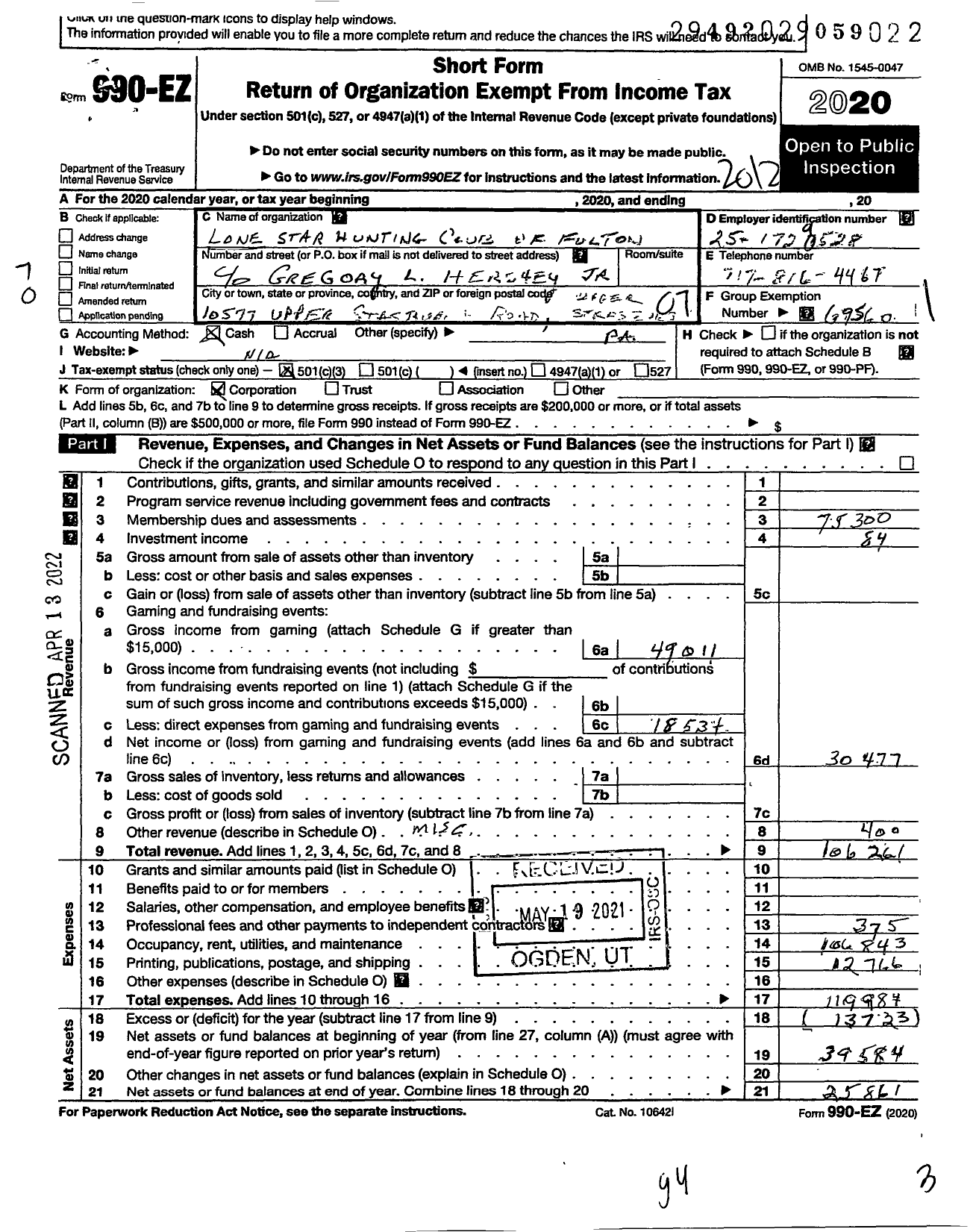 Image of first page of 2020 Form 990EO for Lone Star Hunting Club of Fulton Huntingdon and Bedford Counties