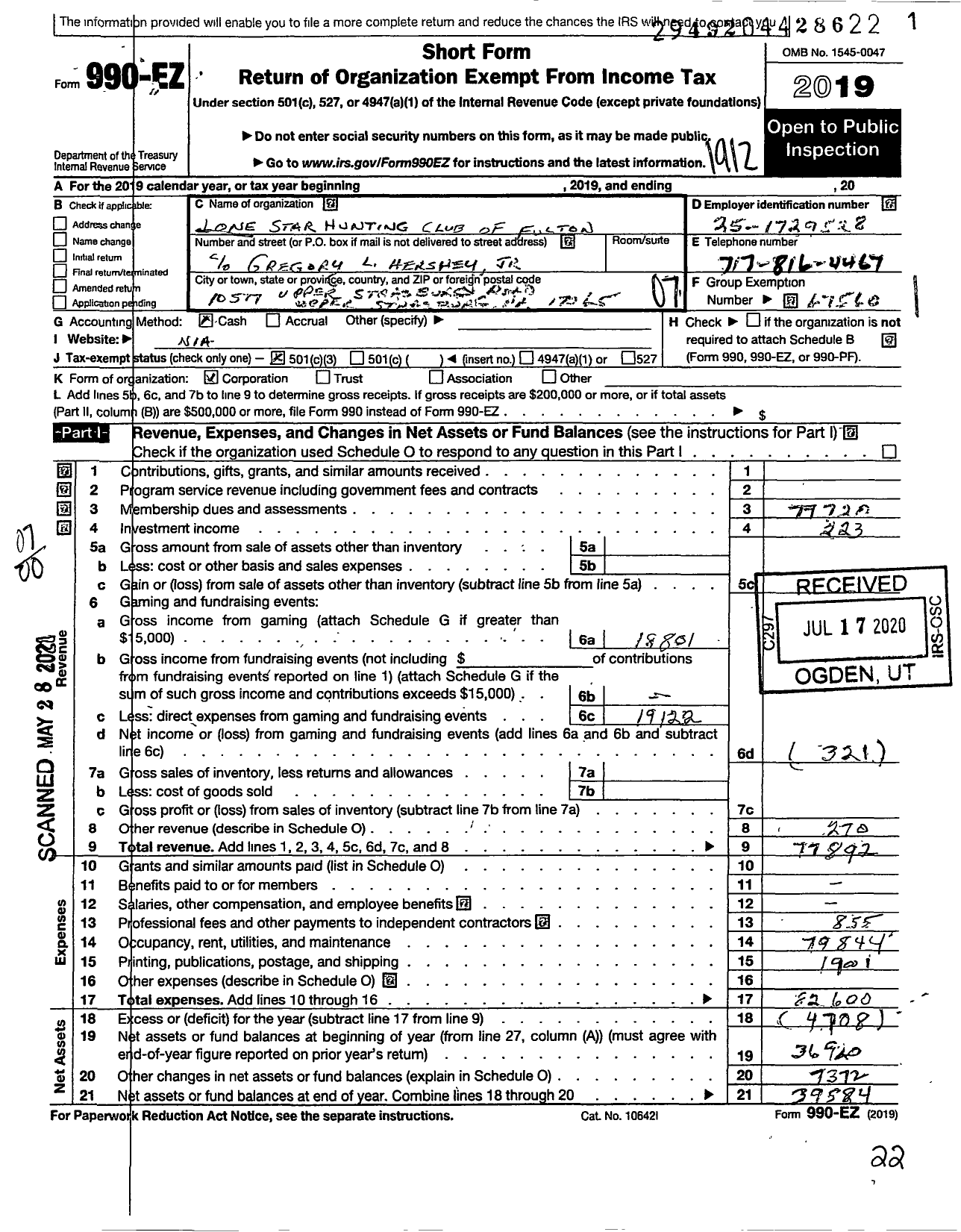 Image of first page of 2019 Form 990EO for Lone Star Hunting Club of Fulton Huntingdon and Bedford Counties