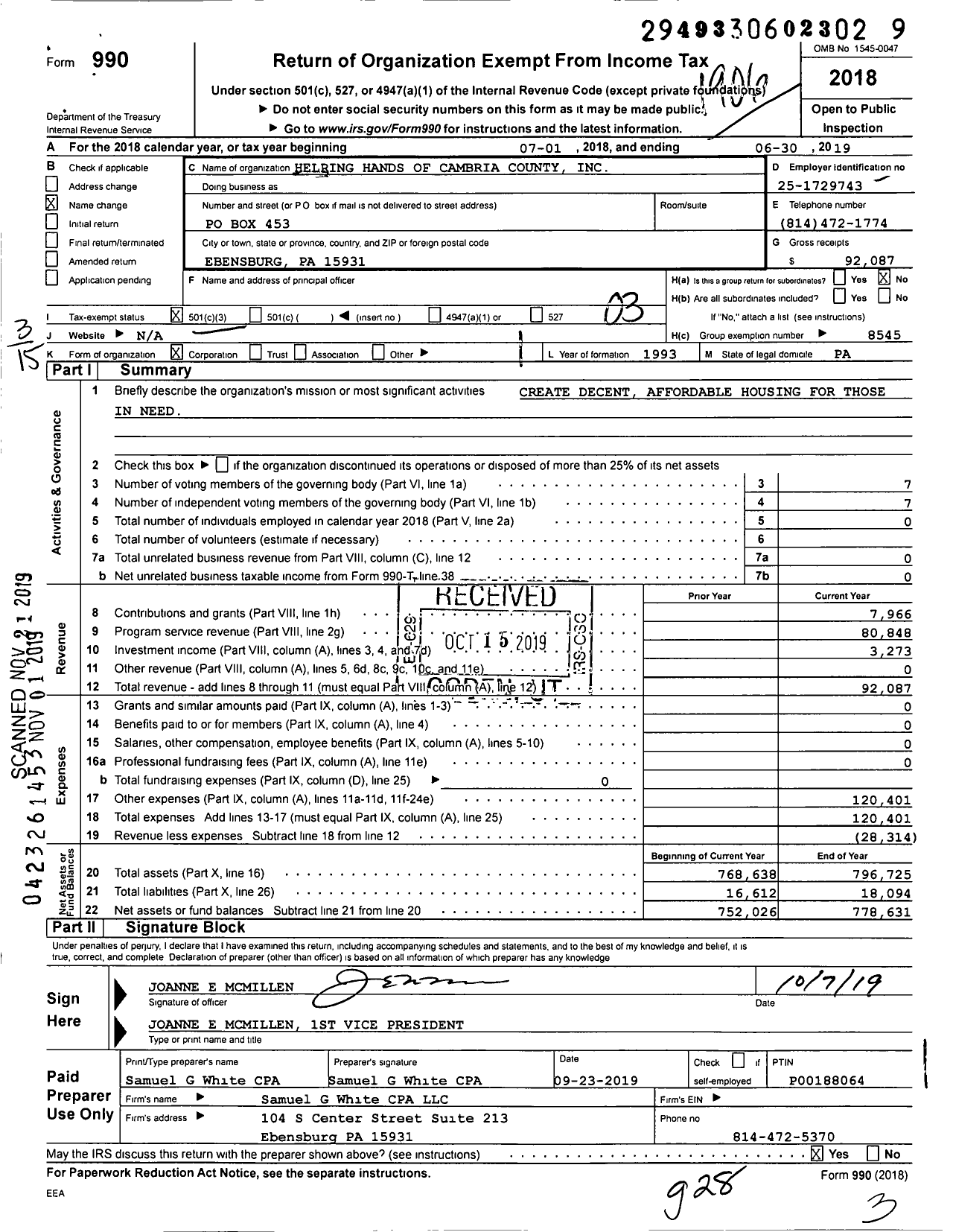 Image of first page of 2018 Form 990 for Helping Hands of Cambria County