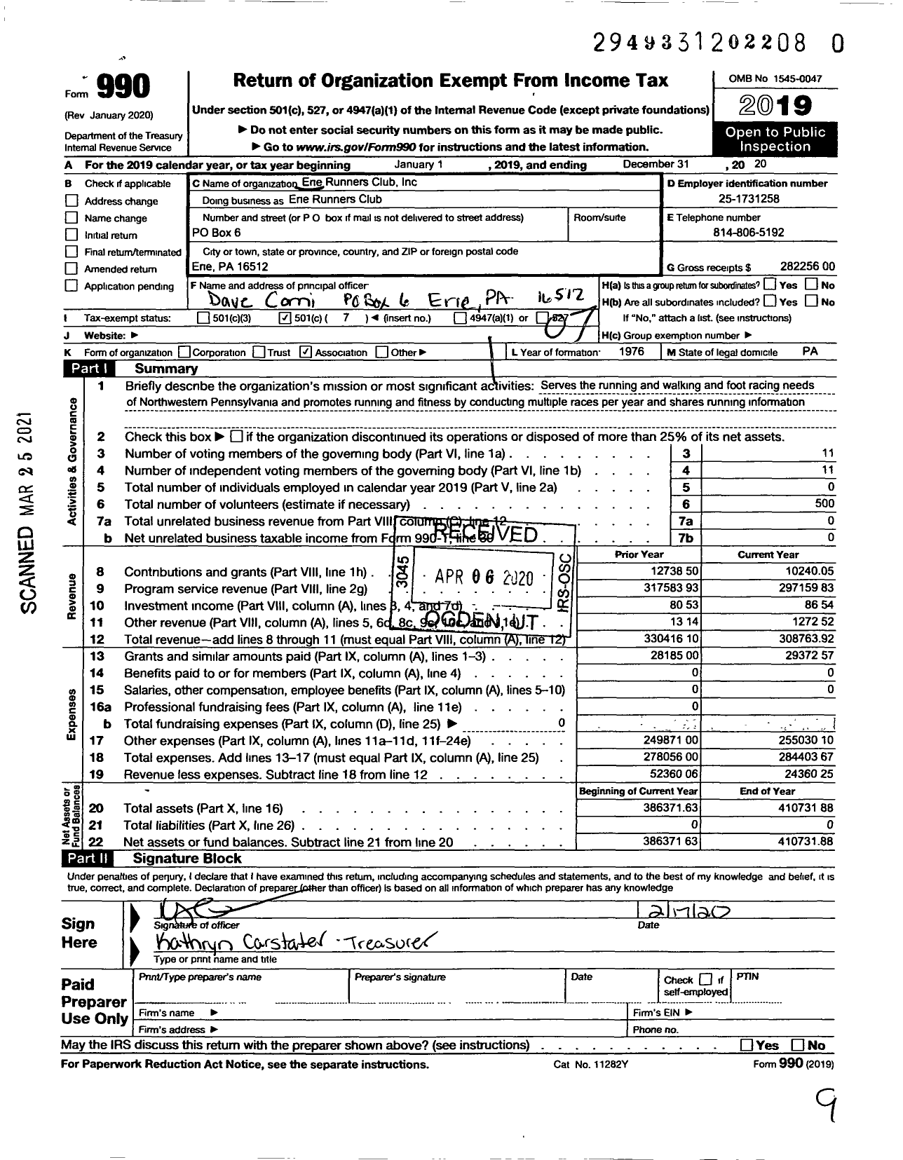 Image of first page of 2019 Form 990O for Erie Runners Club