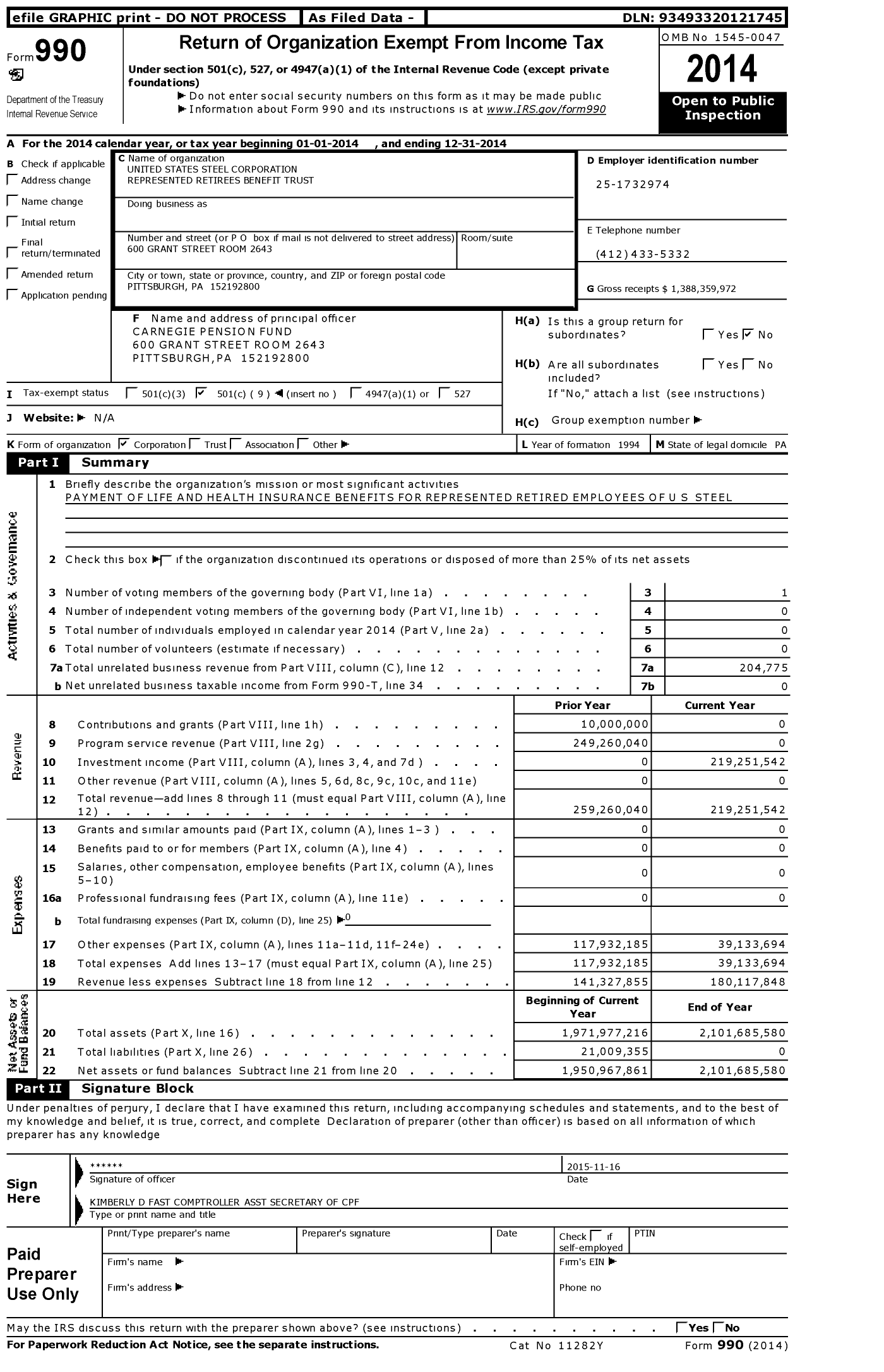 Image of first page of 2014 Form 990O for United States Steel Corporation Represented Retirees Benefit Trust