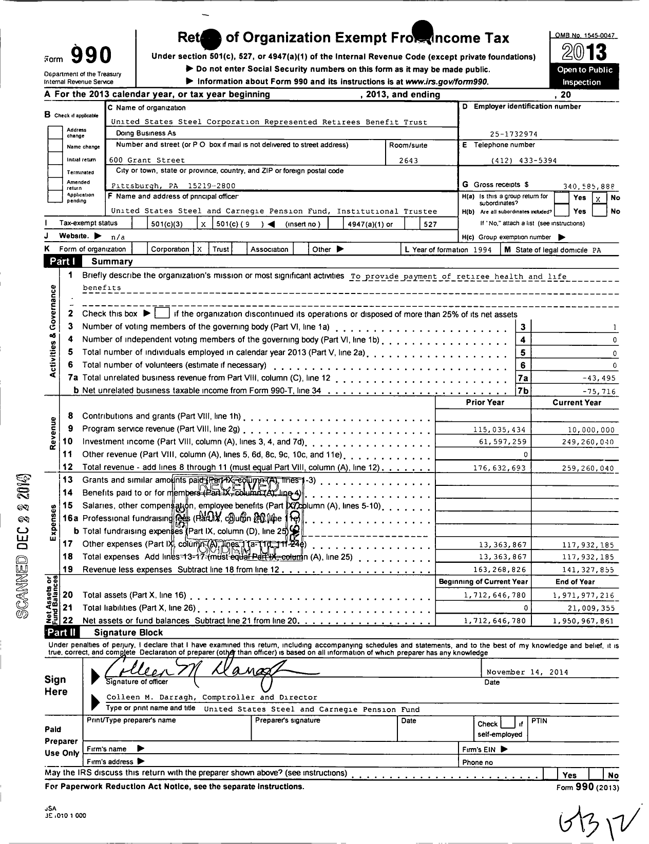 Image of first page of 2013 Form 990O for United States Steel Corporation Represented Retirees Benefit Trust