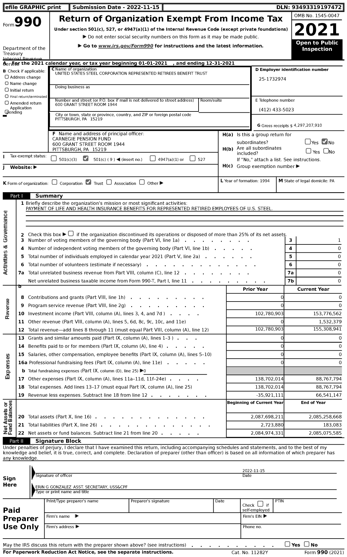 Image of first page of 2021 Form 990 for United States Steel Corporation Represented Retirees Benefit Trust