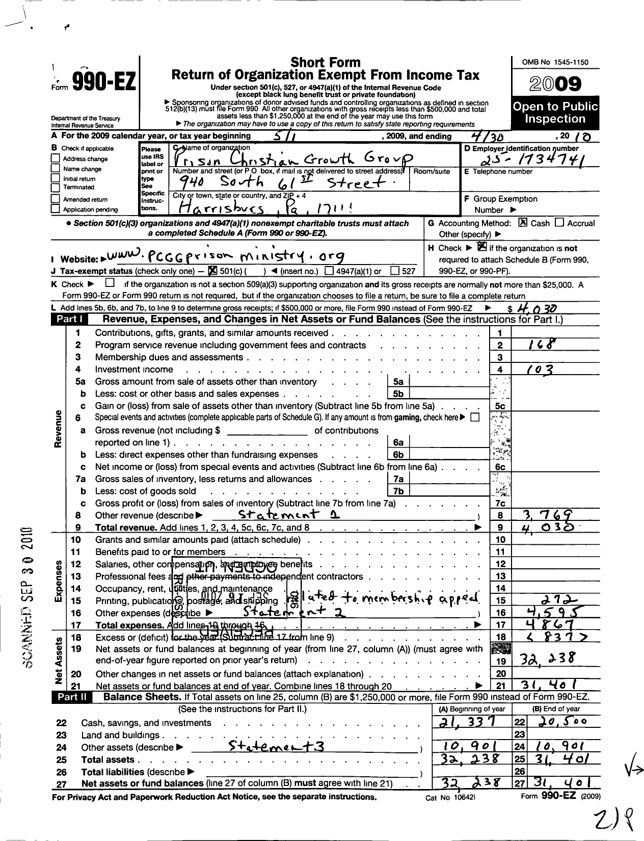 Image of first page of 2009 Form 990EO for Prison Christian Growth Group
