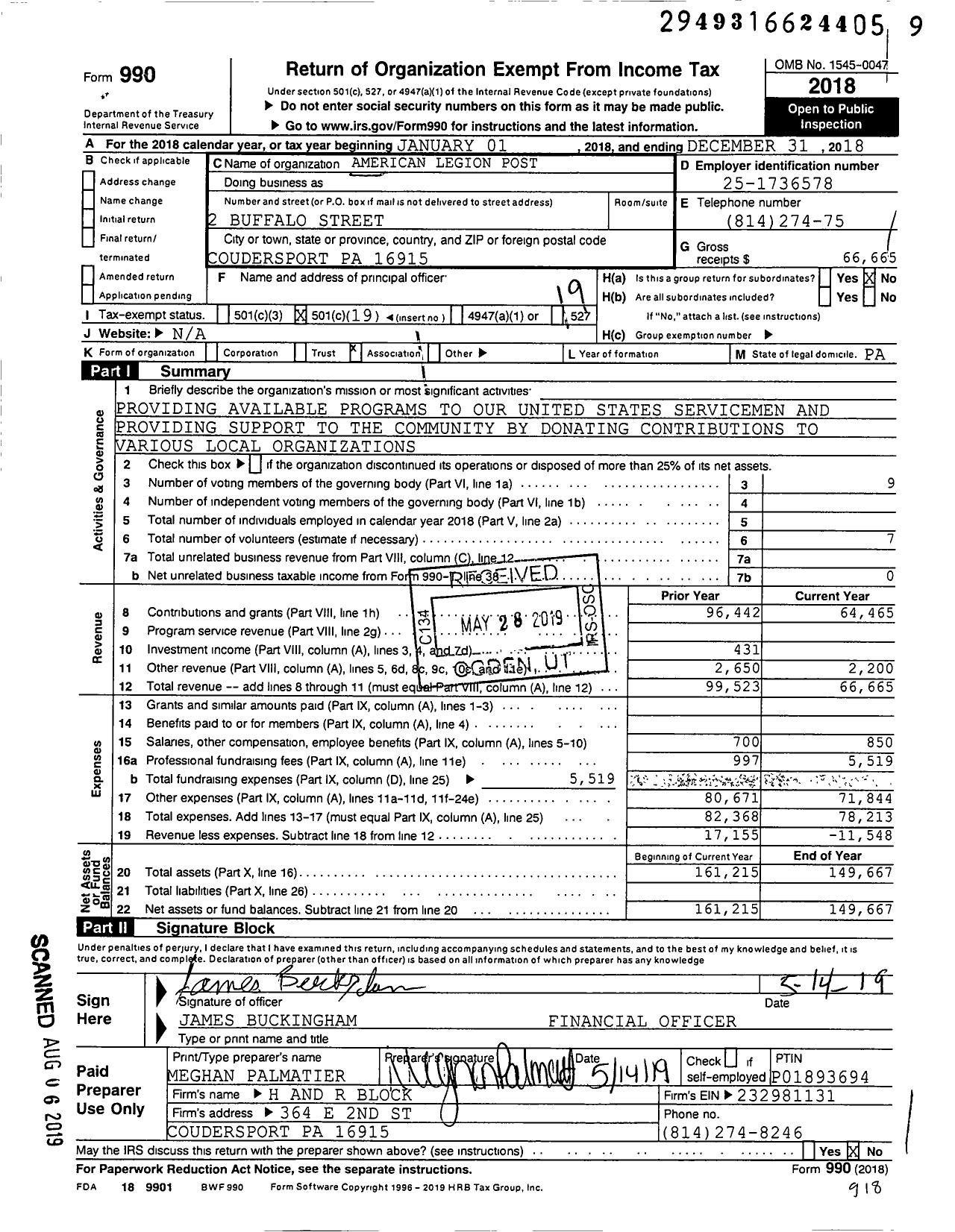 Image of first page of 2018 Form 990O for American Legion - Potter Inc 0192