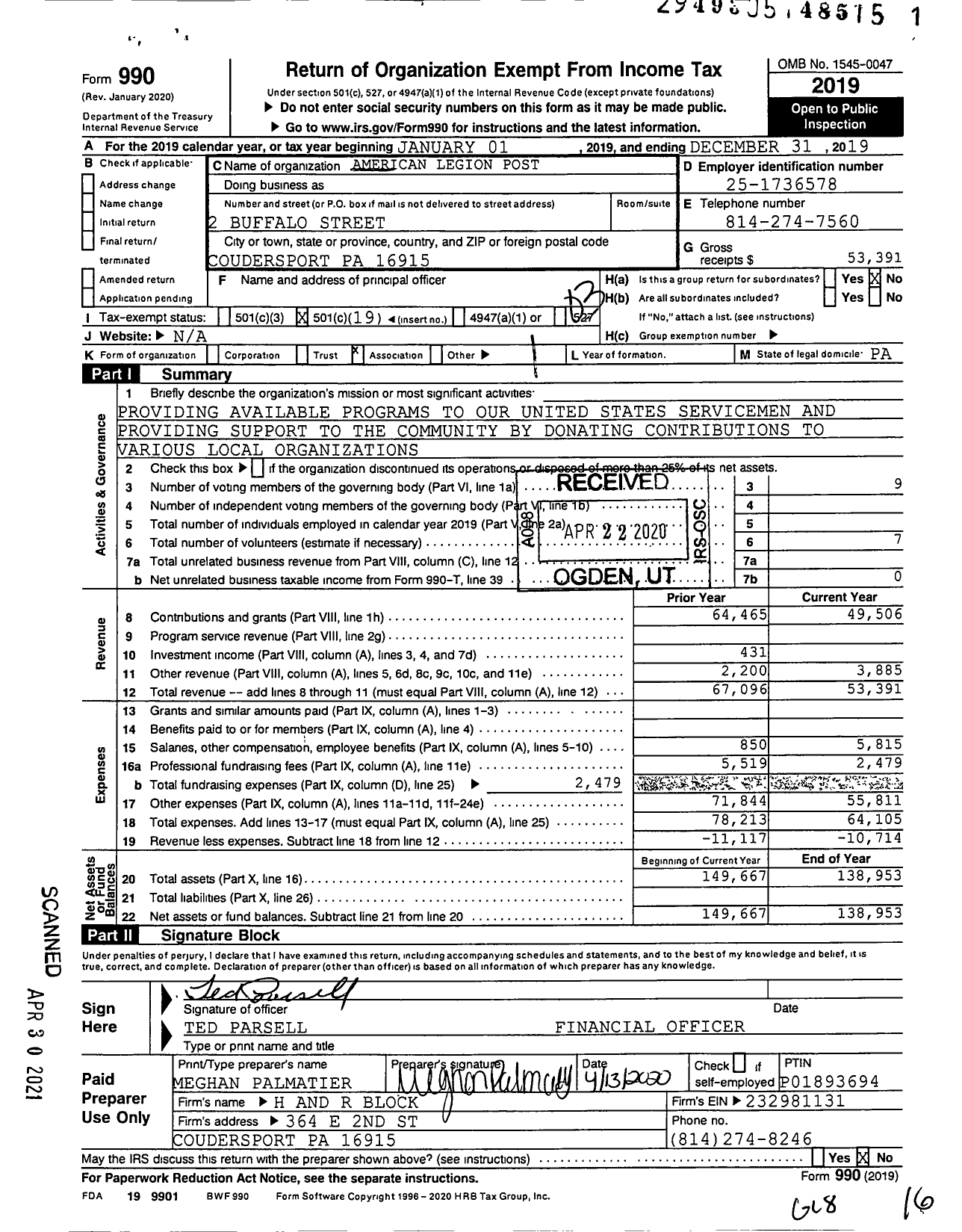Image of first page of 2019 Form 990 for American Legion - Potter Inc 0192