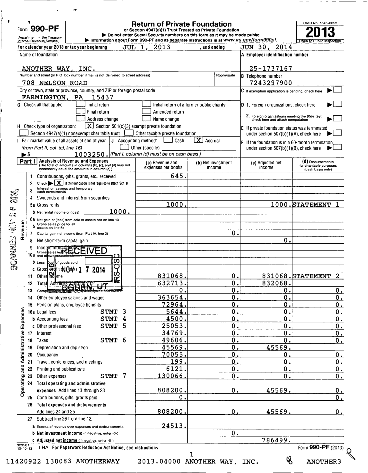 Image of first page of 2013 Form 990PF for Another Way