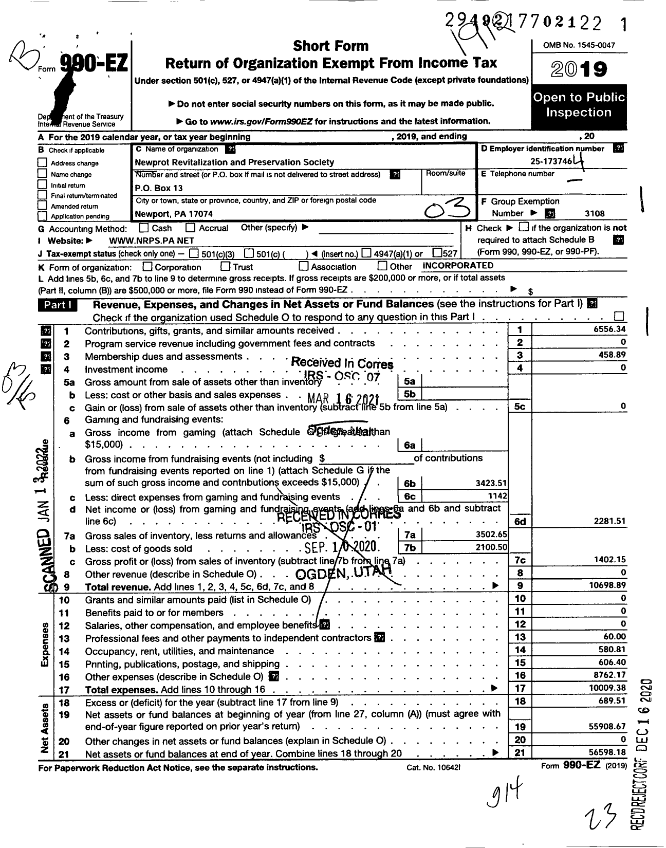 Image of first page of 2019 Form 990EZ for Newport Revitalization and Preserva