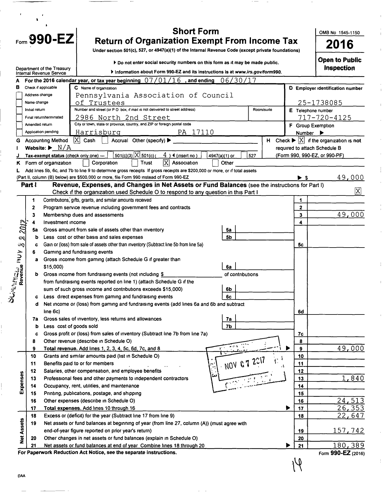 Image of first page of 2016 Form 990EO for Pennsylvania Association of Councils of Trustees