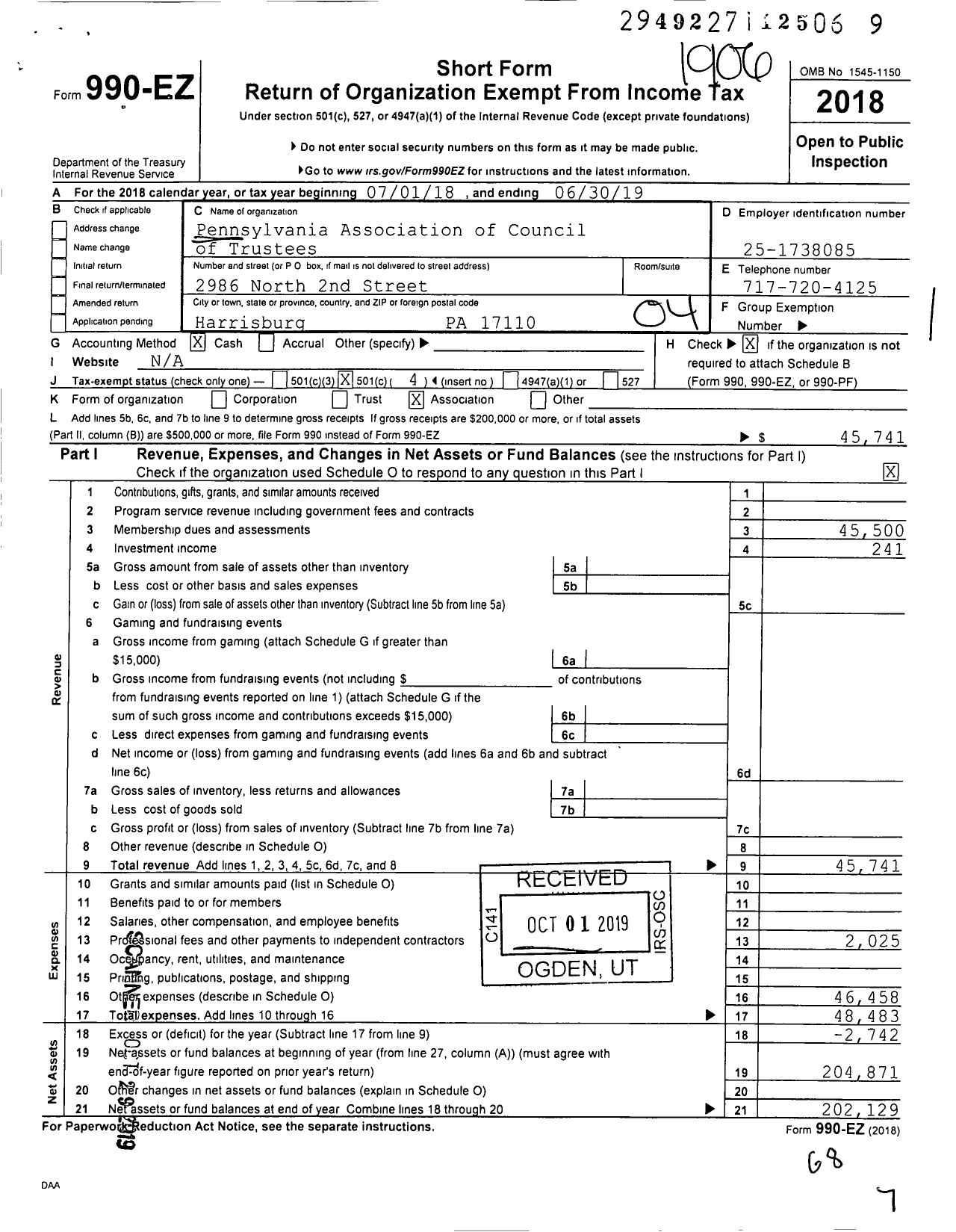 Image of first page of 2018 Form 990EO for Pennsylvania Association of Councils of Trustees