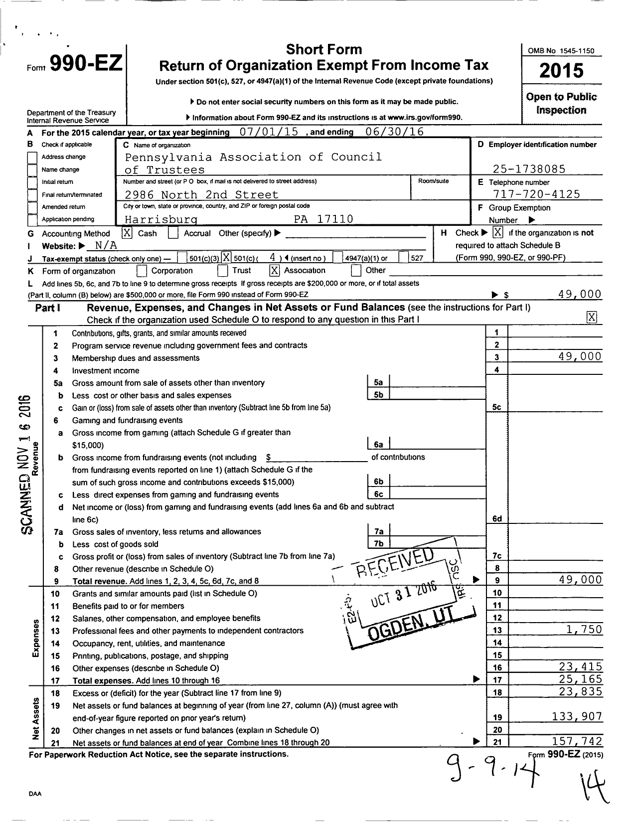 Image of first page of 2015 Form 990EO for Pennsylvania Association of Councils of Trustees